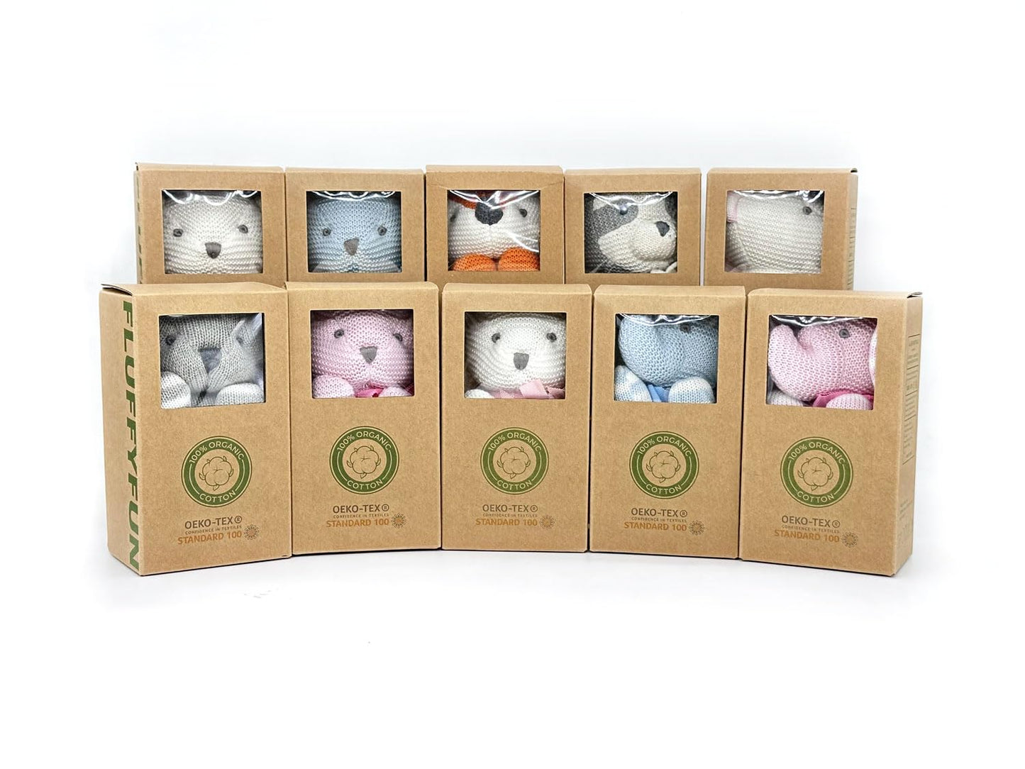FLUFFYFUN 100% Organic Cotton Bunny Rabbit Plush Toy Gift Set, 3-Pack of 7.1" Baby Stuffed Animals for Baby Shower, Newborn