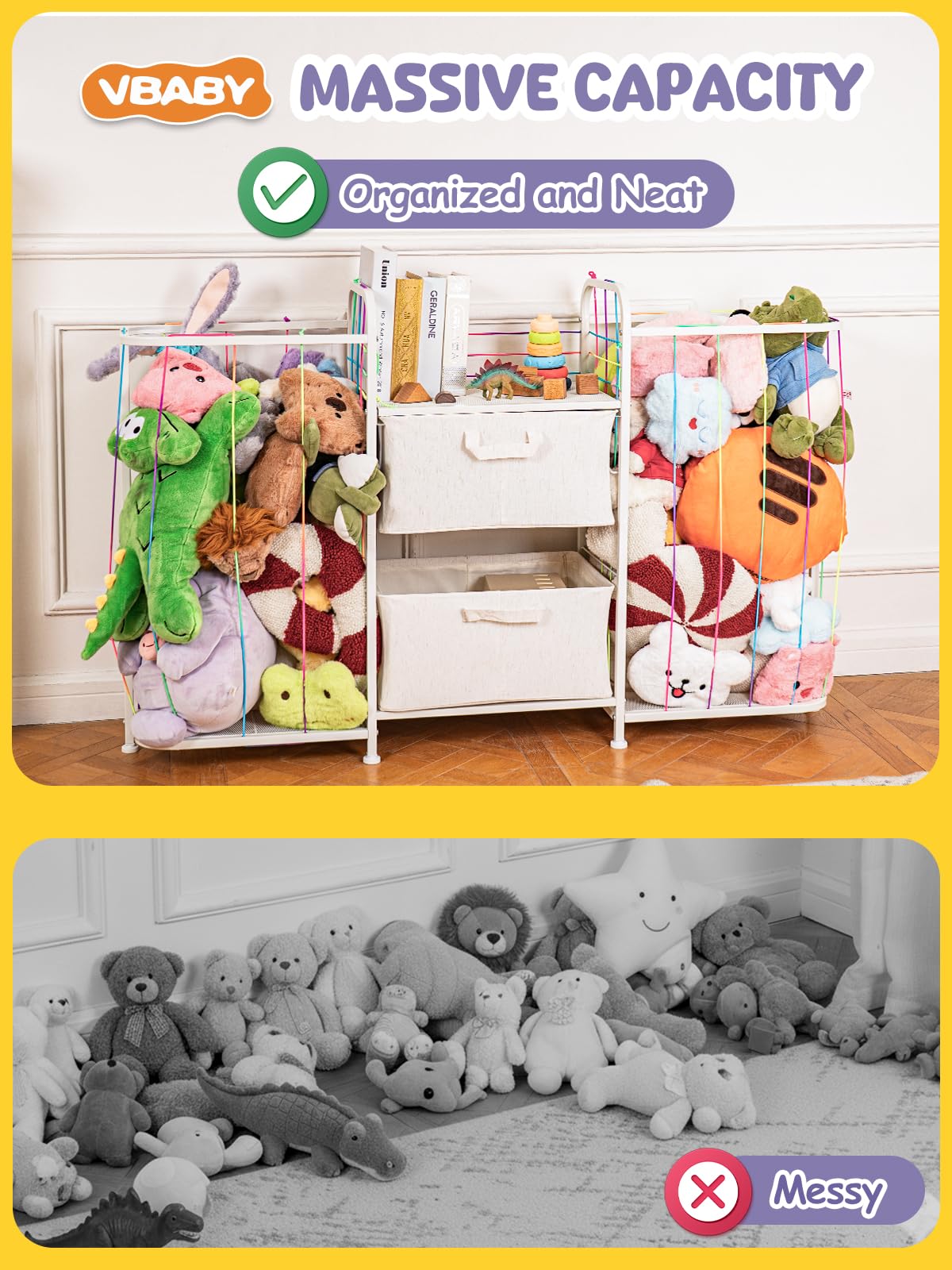 VBABY Kids Bookshelf and Toy Storage, Large 3-in-1 Book Shelf for Kids Rooms, Toddler Stuffed Animal Zoo, Toy Storage Organizer for Playroom, Montessori Bookshelf for Nursery, White