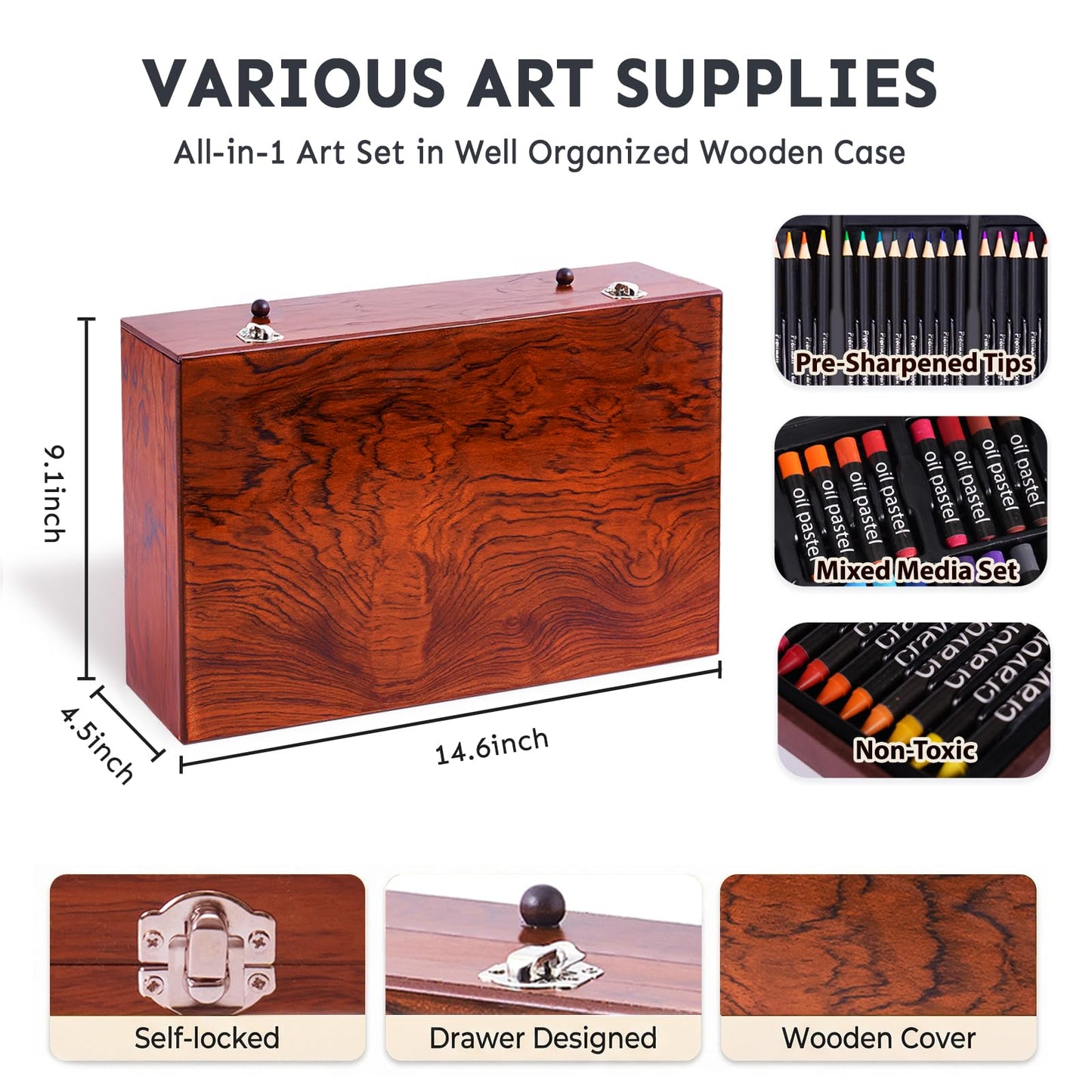 TMOL Art Supplies, 175-Pack Deluxe Art Set Drawing Painting Kit with 2 Drawing Pads, Acrylic Paints, Colored Pencils, Crayons, Art Kit in Wooden Case, Gift for Artist, Adults, Teens and Kids