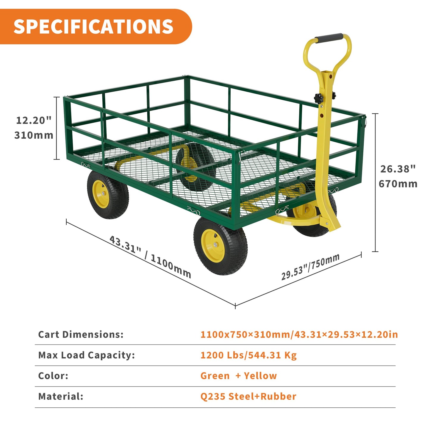 Garden Cart & Utility Wagon1200 lb Heavy-Duty Wheelbarrow, 47"x31" Steel Yard Cart with Wheels, 180° Adjustable Yellow T-Handle, Green (for Lawn, Patio & Farm)