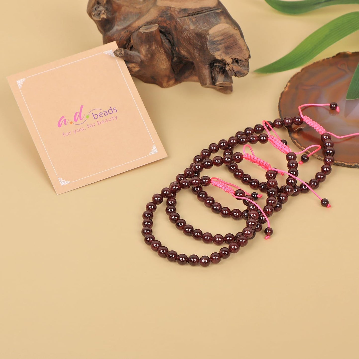 AD Beads 6mm Garnet Bracelet - Stone of Devotion - Handmade Natural Stone Crystal Bracelet with Adjustable Macrame String - Yoga Healing Power Energy Gifts for Men and Women