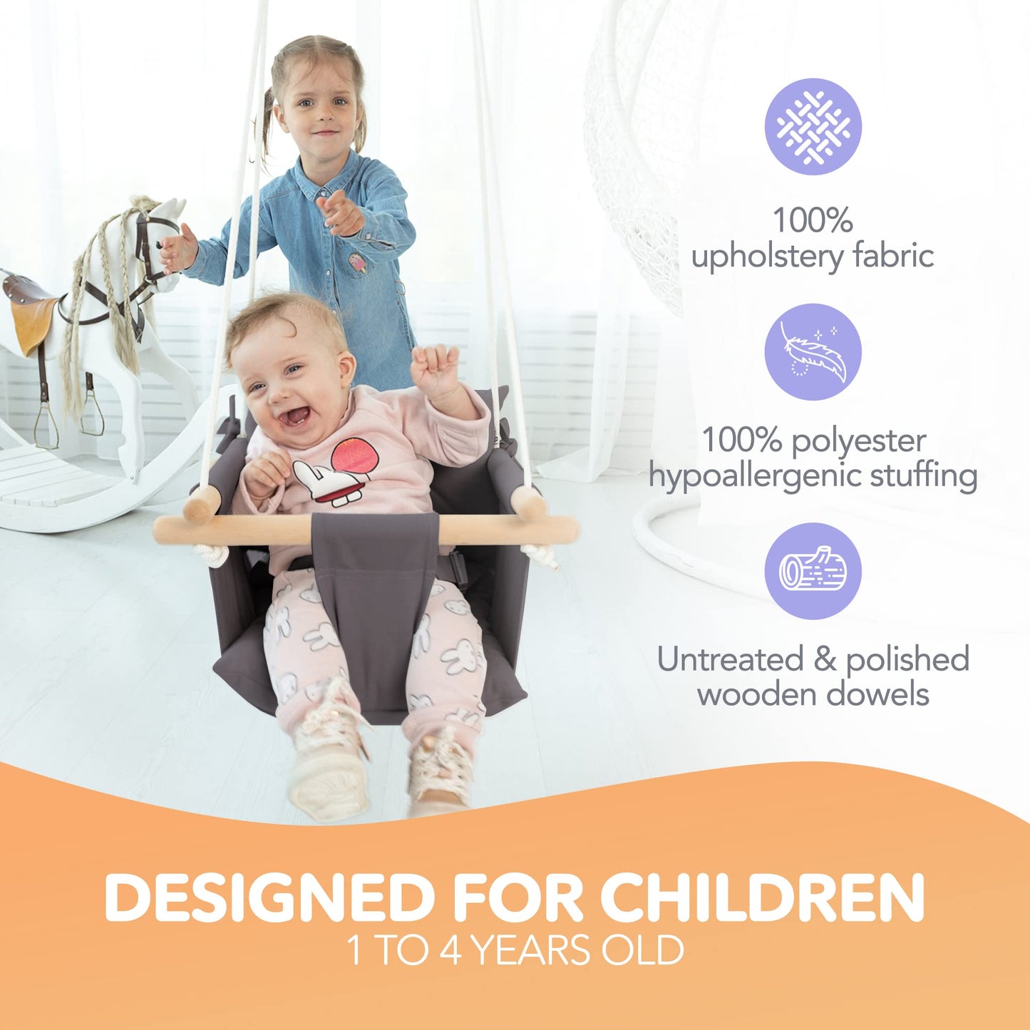 CaTeam Canvas Baby Swing Seat with 5-Point Safety Belt — Wooden Hanging Toddler Swing, Indoor & Outdoor, Ages 1-4, Ceiling Mount Hardware Included, Dark Gray