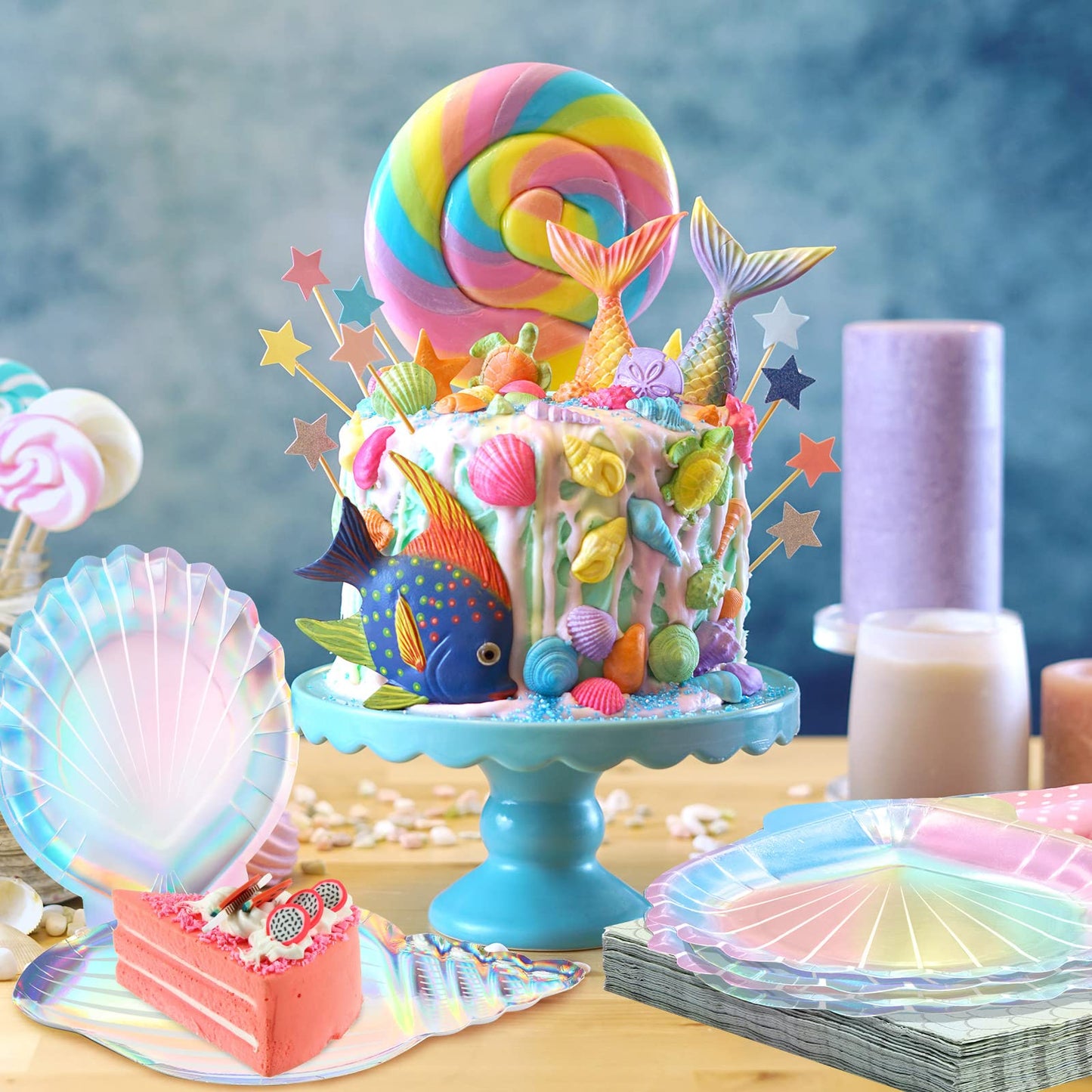 Cunhill 96 Pcs Mermaid Plates and Napkins for 24 Guests, 7 Inch 9 Inch Seashell Plates Iridescent Mermaid Party Supplies for Birthday Ocean Under The Sea Baby Shower Decoration(Stylish Style)