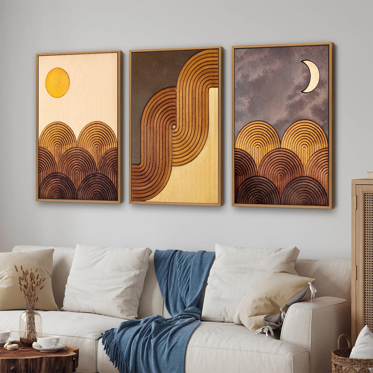 Tinonedraw Mid Century Modern Framed Canvas Wall Art Set, Boho Minimalist Geometric Arch Wall Decor, Bohemian Sun and Moon Art Paintings, Beige Brown Wooden Artwork for Living Room Bedroom 16"x24"x3