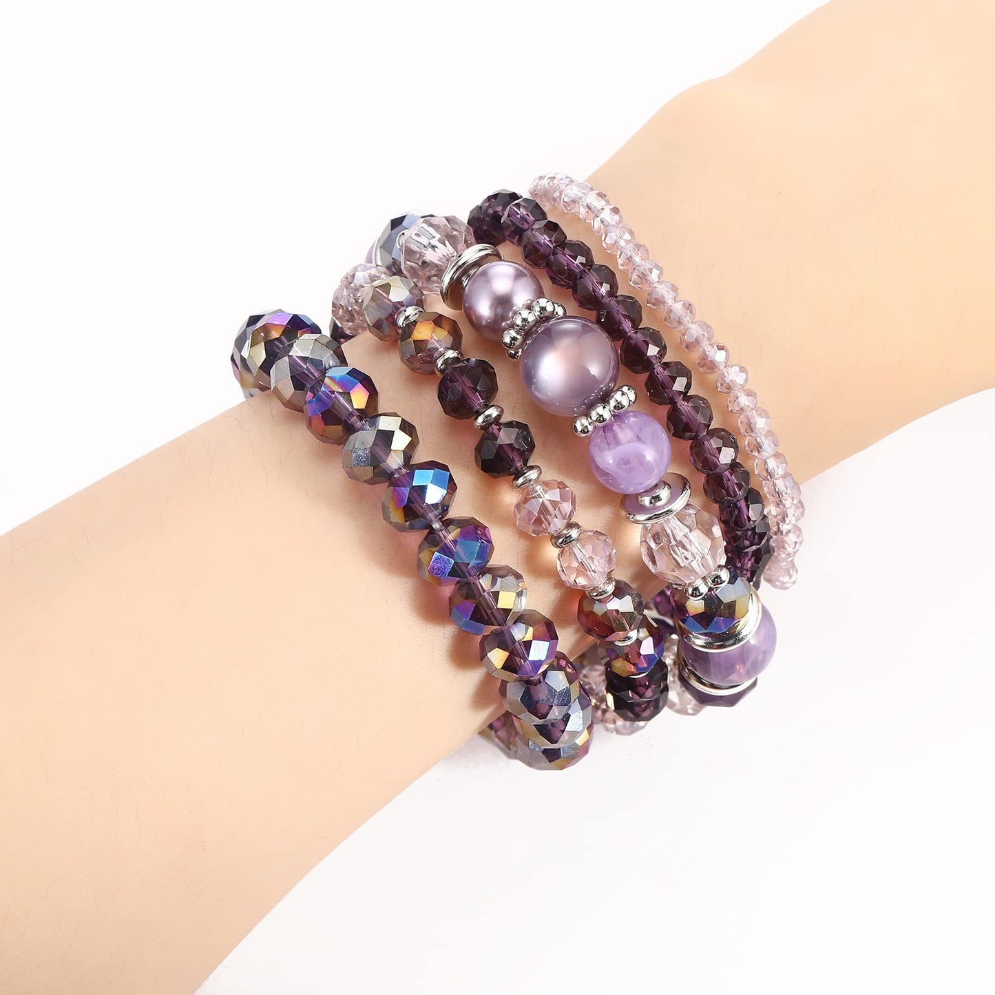 Noessla Beaded Boho Stretch Bracelet Colorful Stackable Crystal Beads Bracelets Trendy Costume Jewelry Mothers Day Gifts for Women(21-Purple)