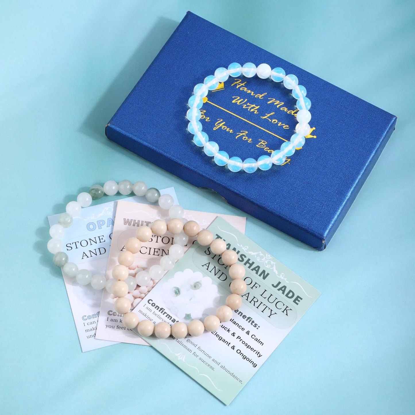 NCB 3-Piece 8mm Natural Crystal Gemstone Stretch Bracelets – ﻿Opalite, Tianshan Jade, White Fossil Jasper Handmade Reiki Energy Healing Jewelry for Meditation,Yoga, Unisex