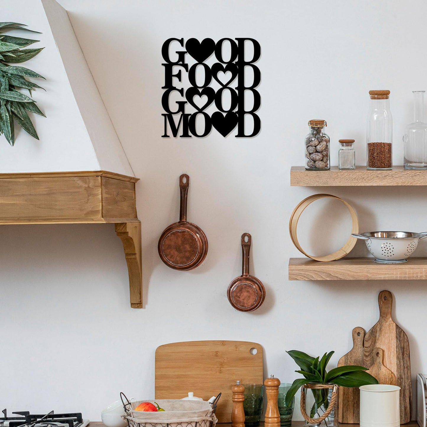 Good Food Good Mood Metal Wall Art Sign, Farmhouse Dining Room Kitchen Wall Decor Housewarming Gift Counter Pantry Sign Black, 11.6x11.6 inches