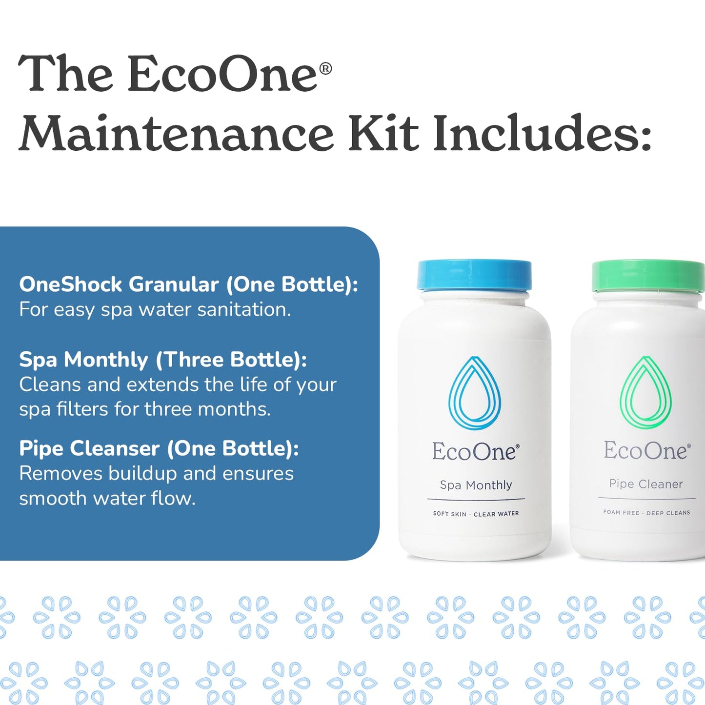 EcoOne Hot Tub Chemical Maintenance & Supply Kit | Spa Shock, Conditioner & Purification Kit | Contains Oneshock Chlorine Granular, SPA Monthly Conditioner & Filter Cleanser | 3 Month Supply