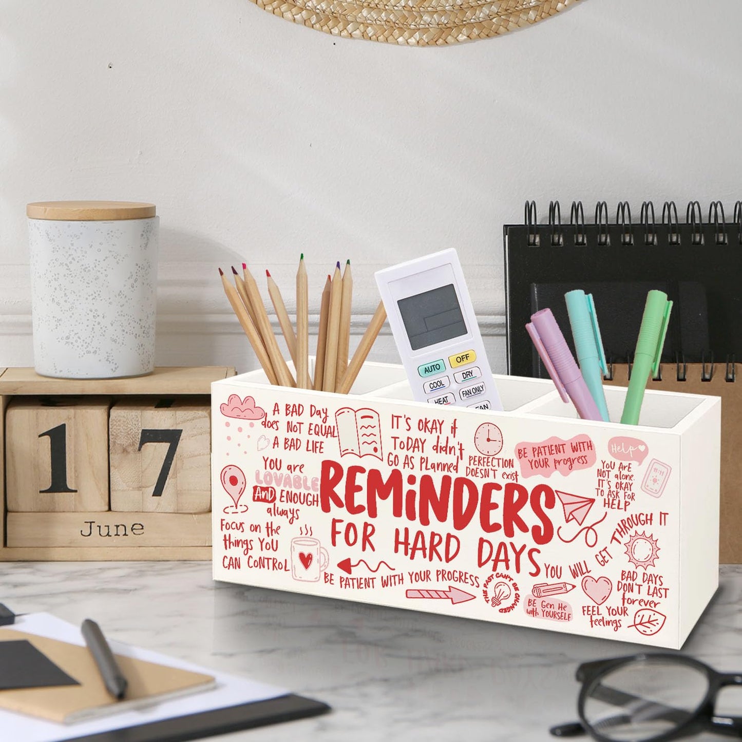 Yhtrg Bookmark Holder Decor Wooden Pen Pencil Holder for Desk, Reminders for Hard Days Wood Makeup Holder Organizer for Room Library