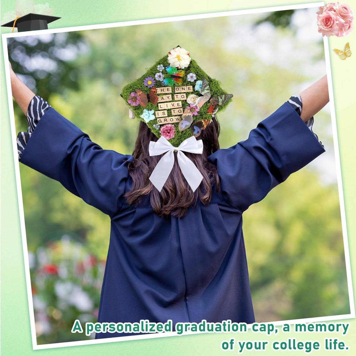 49 Pcs Spring Garden Theme DIY Graduation Cap Decor Faux Assorted Flowers White Bows 3D Butterfly Stickers Artificial Moss Crafts Alphabet Tiles for DIY Hat Grad Cap Topper Graduation Party Supplies