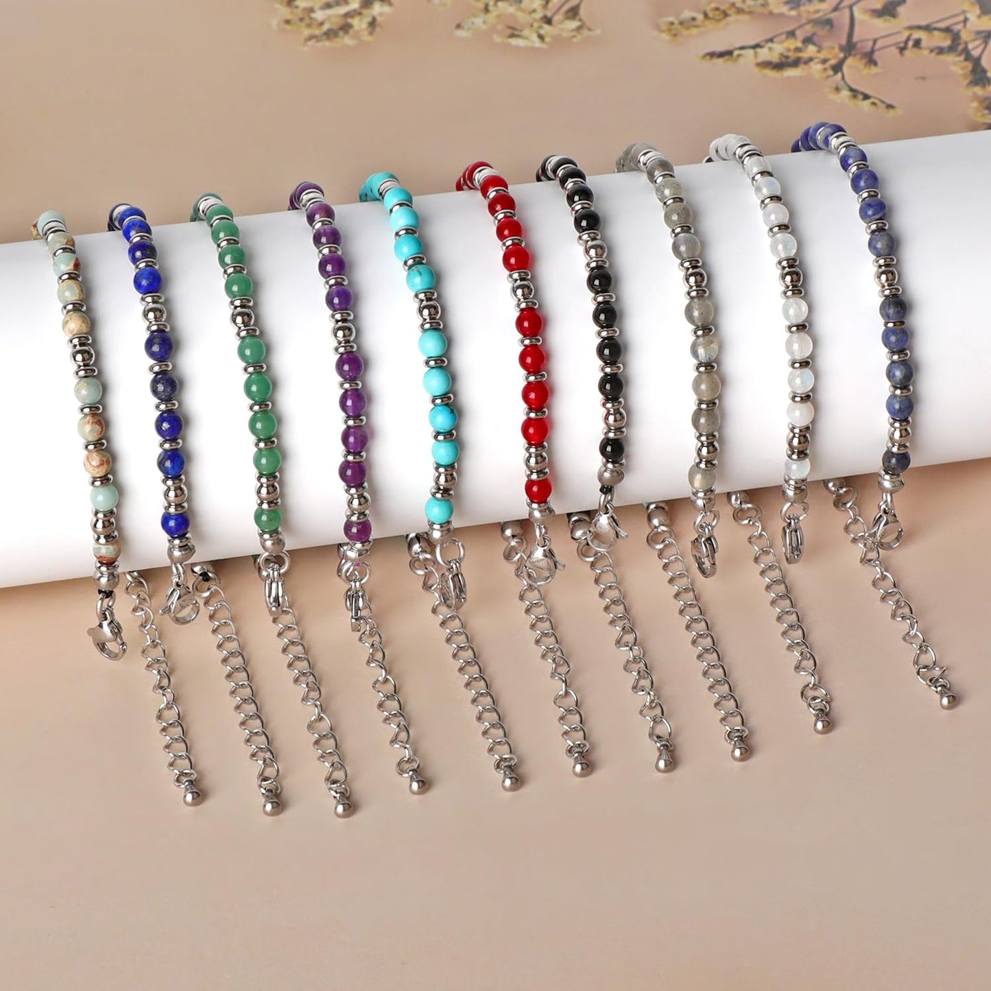 4mm Labradorite Tiny Beaded Bracelets For Women, Energy Gem Charm Jewelry Adjustable Bracelet Gifts for Mom, Daughter, Wife, Coworkers, Friends, Bestie