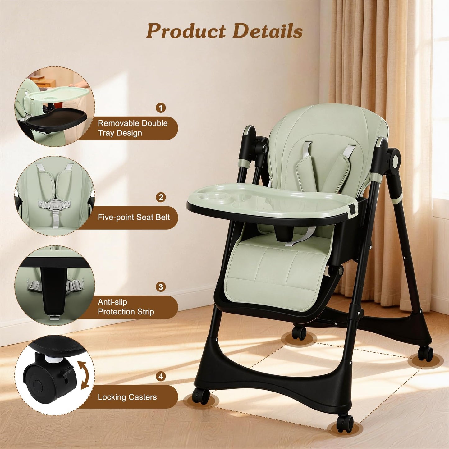 3-in-1 Baby High Chair with Soothing Rocker | Convertible Baby High Chair for Babies and Toddlers | Brake Wheels, Easy Clean, Space Saving | Adjustable, Removable Tray (Black Green)