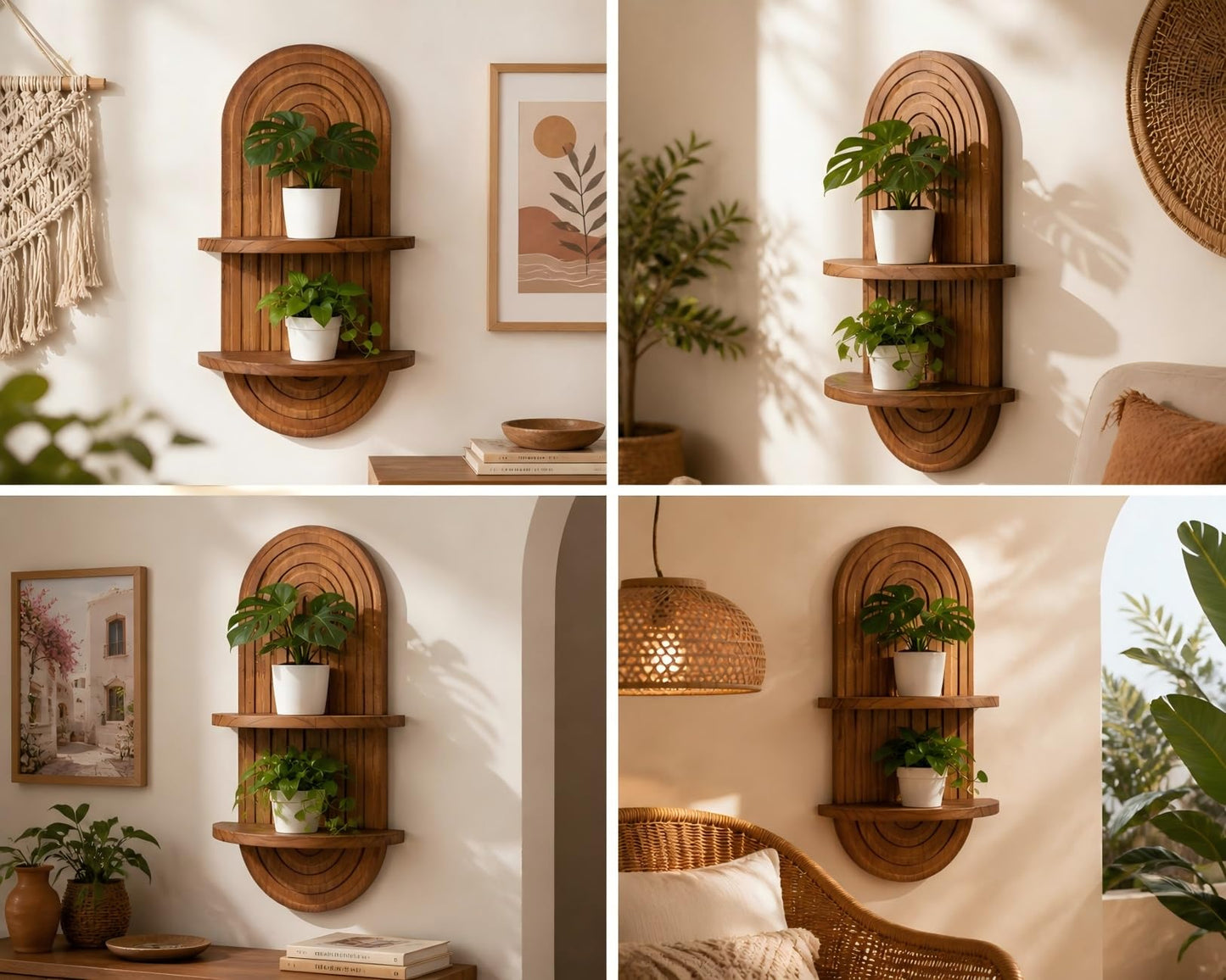 Vituney Boho Wall Shelf Decor Plant Wall Shelf Mid Century Modern Decor Hanging Plant Shelves, 2 Tier Wooden Art Floating Shelves for Home Bathroom Bedroom Living Room Planter
