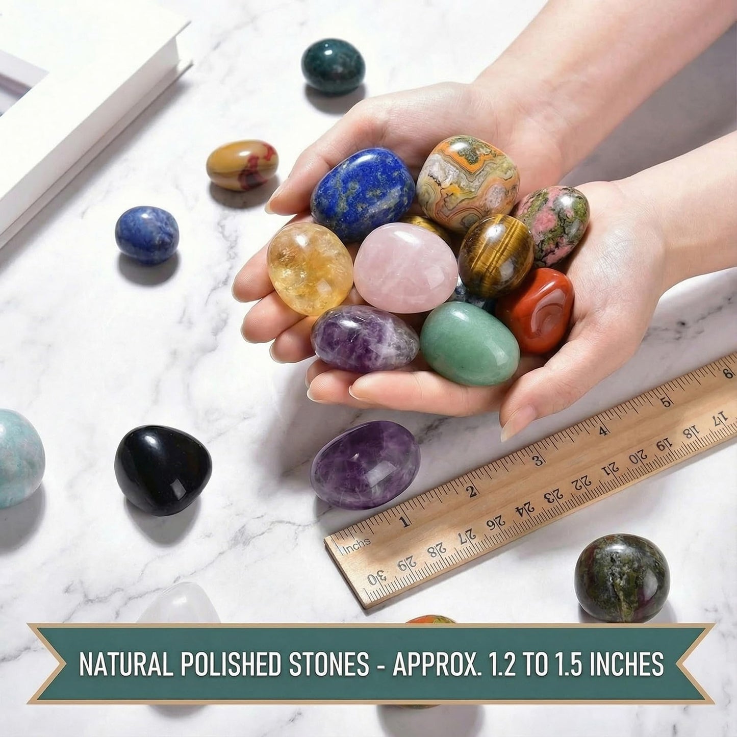 Super Large Polished Moss Agate Healing Crystal Stones - 2 Pcs of 1.2" Worry Stone for Anxiety, Pocket Palm Gemstones Handpicked Natural Tumbled Rocks for Meditation, Reiki, Chakra, Home Decor