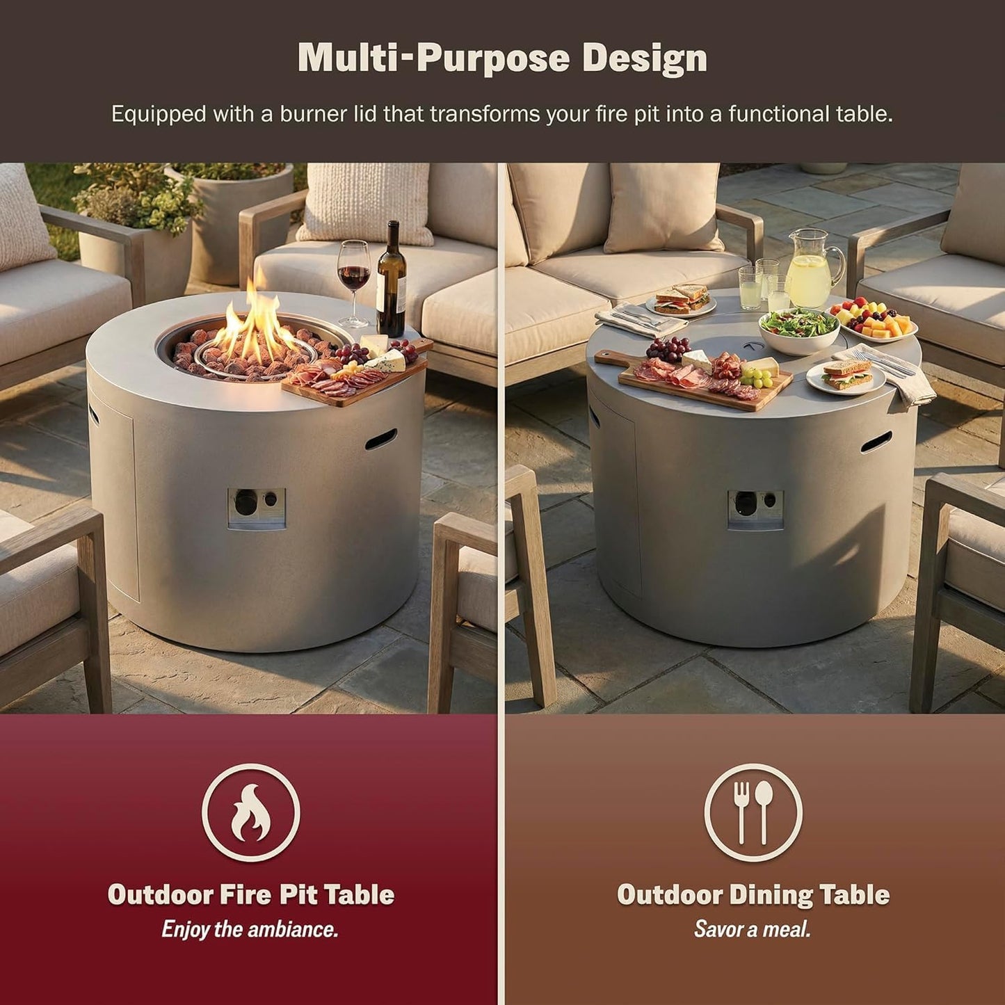 32" Smokeless Propane Fire Pit Table with Lid, Alloy Steel Round Outdoor Patio Dining Firepit 50,000 BTUs, Lava Rocks, Weatherproof Cover, CSA Safety Certified, for Wooden Deck, Backyard Pool, Grey