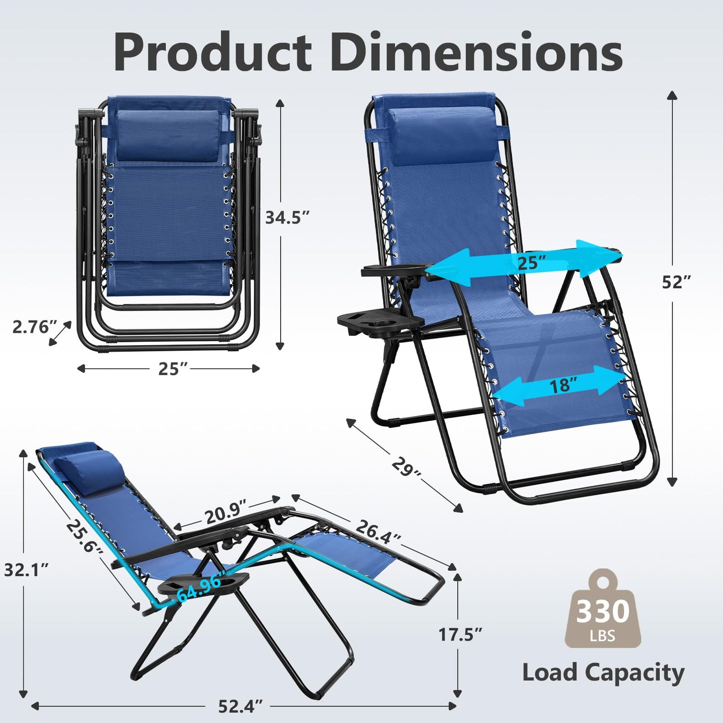 Zero Gravity Chairs Set of 2, Adjustable Lounge Chair Outdoor Recliner, Folding Reclining Lawn Chair, Anti Gravity Chair with Pillow & Cup Holder for Pool Camping Sunbathing Beach Patio (Blue)