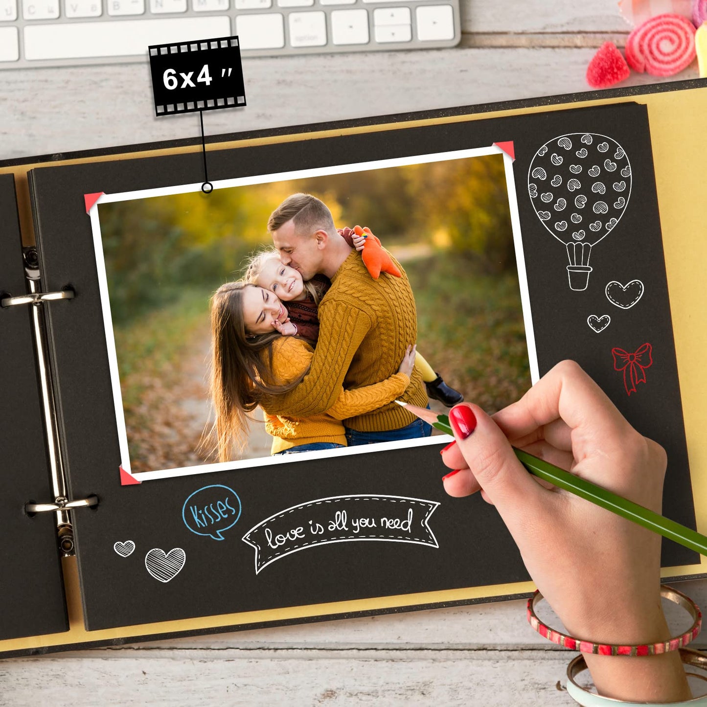 Scrapbook Firbon Handmade DIY Family Photo Albums Couples Memory Book Black Page Scrap Book for Anniversary, Christmas, Valentine's Day, Birthday (Black)