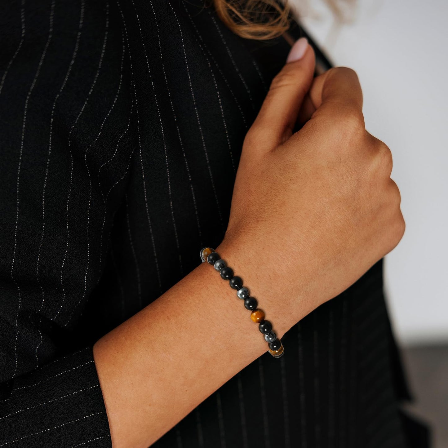 Gnamy Bracelet Gifts for Women, Triple Protection Healing Crystal Beaded Bracelets Hematite Black Tourmaline Tigers Eye Natural Worry Stones Anxiety Healing Birthday Easter Basket Stuffers Jewelry Presents for Her Adults Mom