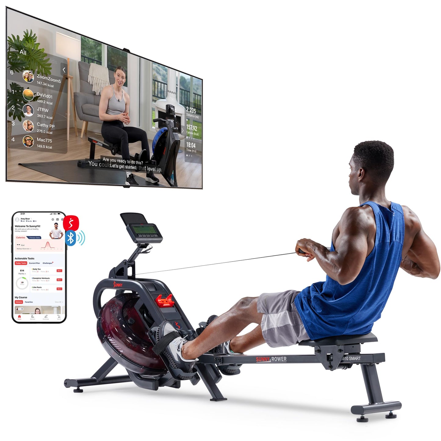 Sunny Health & Fitness Phantom Hydro Smart Water Rowing Machine with Dynamic Real-Time Resistance, Foldable 300 LB Capacity Rower with Bluetooth Connectivity and Extra Long Slide- SF-RW5910SMART
