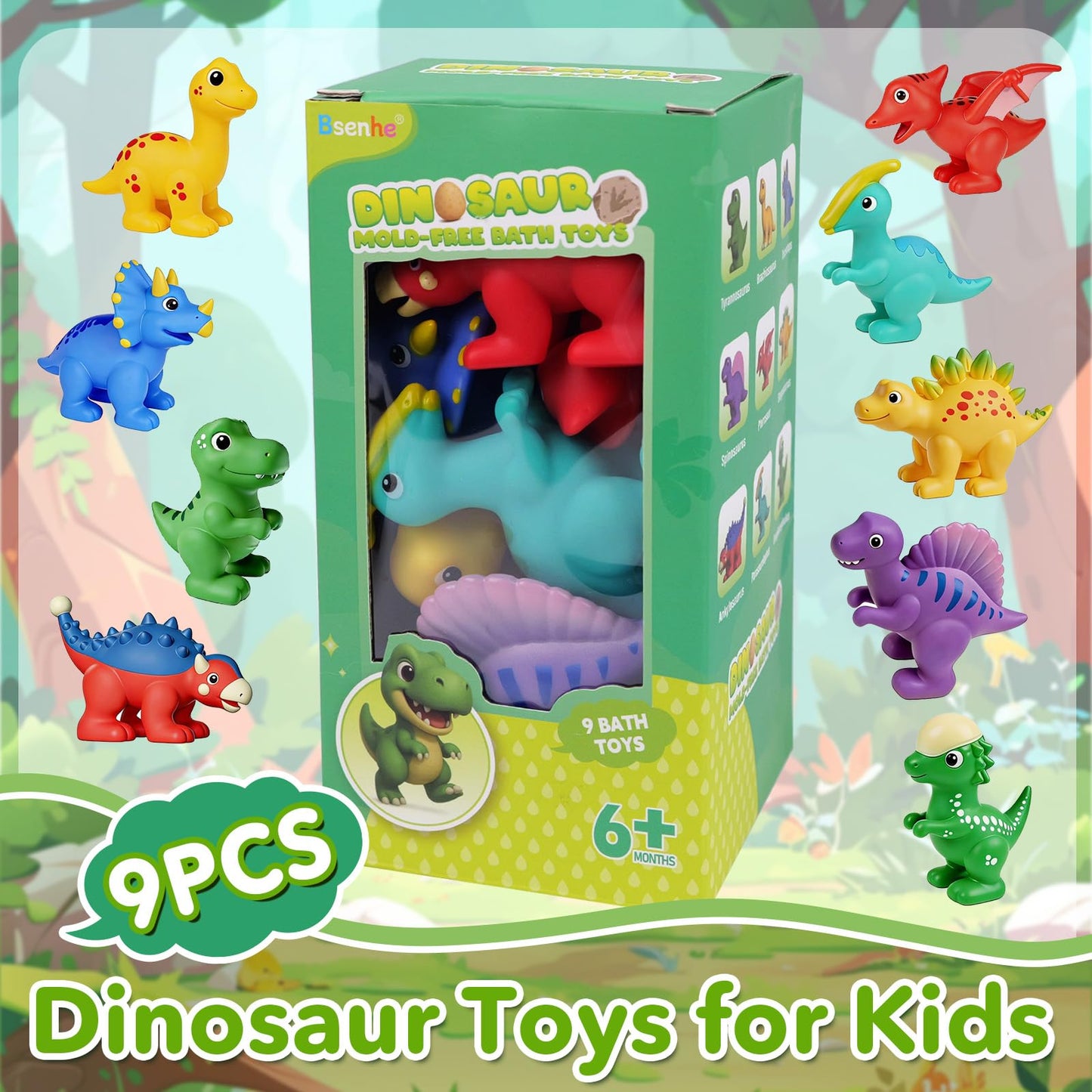 Bsenhe 9PCS Dinosaur Bath Toys for Kids, Mold Free Bath Toys for Toddlers, Float on Water Bathtub Toys for Babies 6-12 Months 1-6 Birthday Christmas Stocking Stuffers Gifts