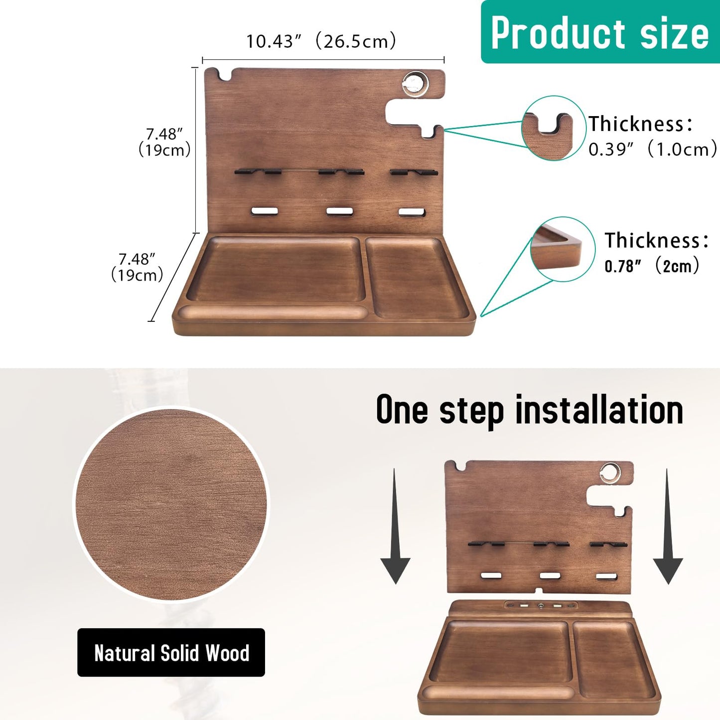 Xunhomon Wood Phone Docking Station Nightstand Organizer Charging Station with QC 3.0 & PD22.5W Fast Charger for iPhone Samsung Android Watch Airpod Anniversary Birthday Gifts for Men