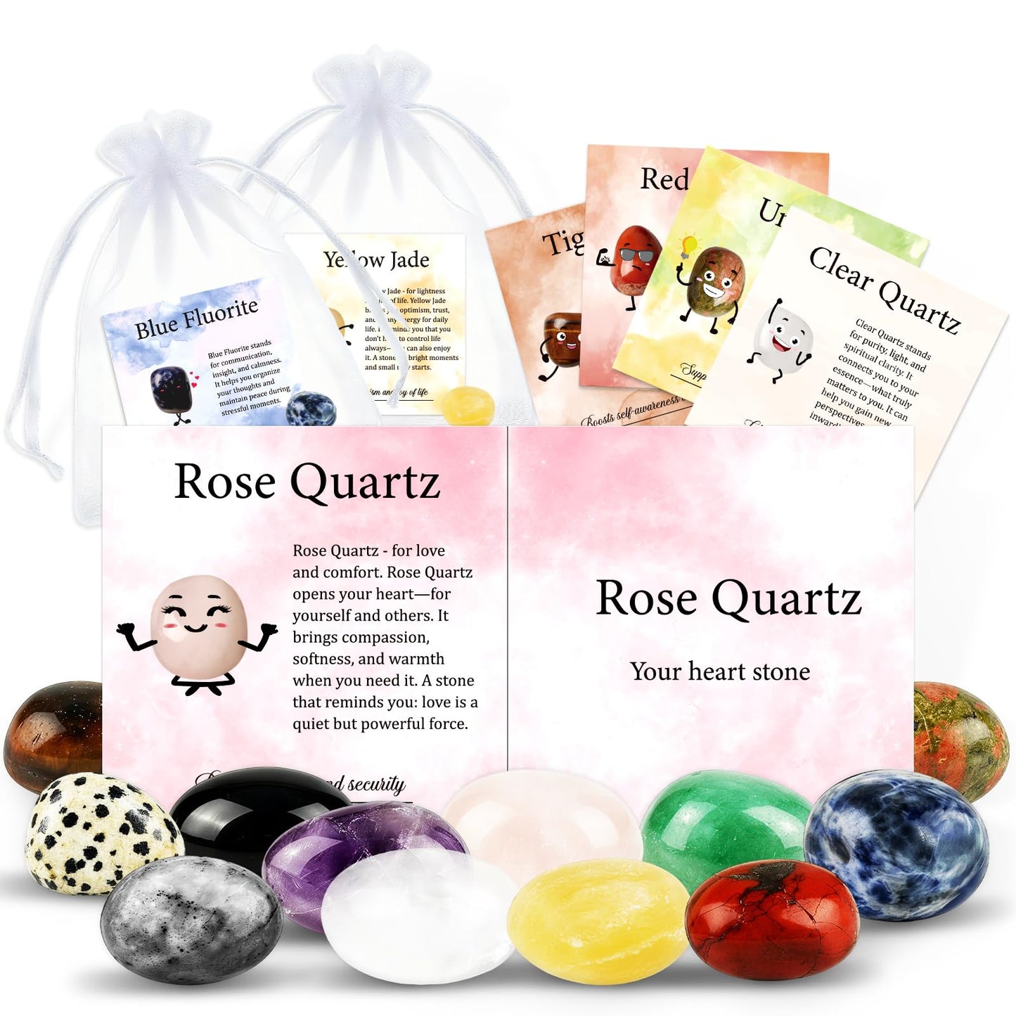 TUZELIYA 12Pcs Crystals and Healing Stones Set Meaning and Information Card Organza Pouch Bulk Polished Gemstones Emotional Support Natural Lucky Gems Family Teachers Friends Birthday Gifts Graduation