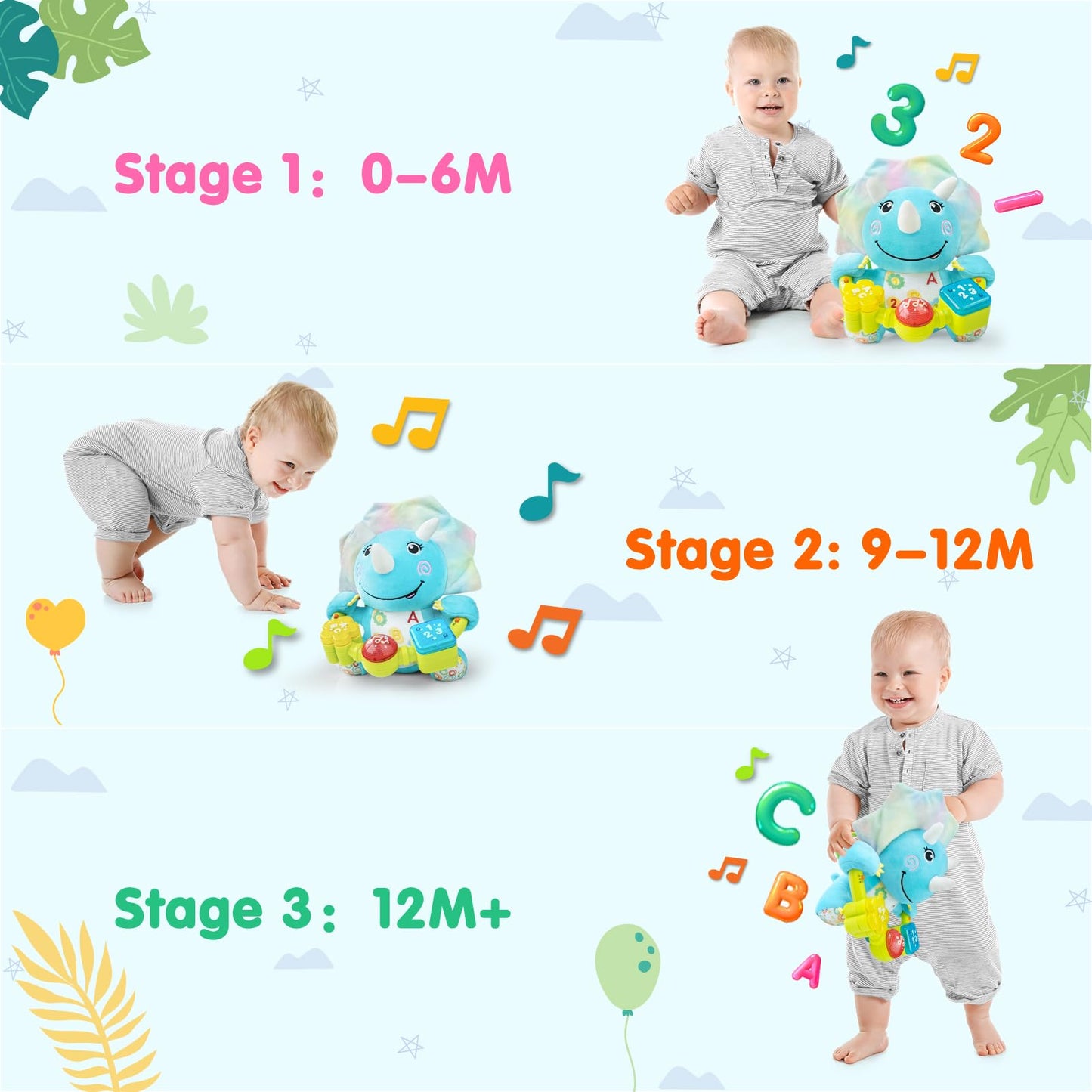 Ryotagift Baby Bilingual Musical Dinosaur Stuffed Animals Toys,Infant Early Learning Toy with Light-Up Music & Crinkle,Tummy Time Toys for 0 3 6 9 12+ Months for Baby Boy Girl Gift