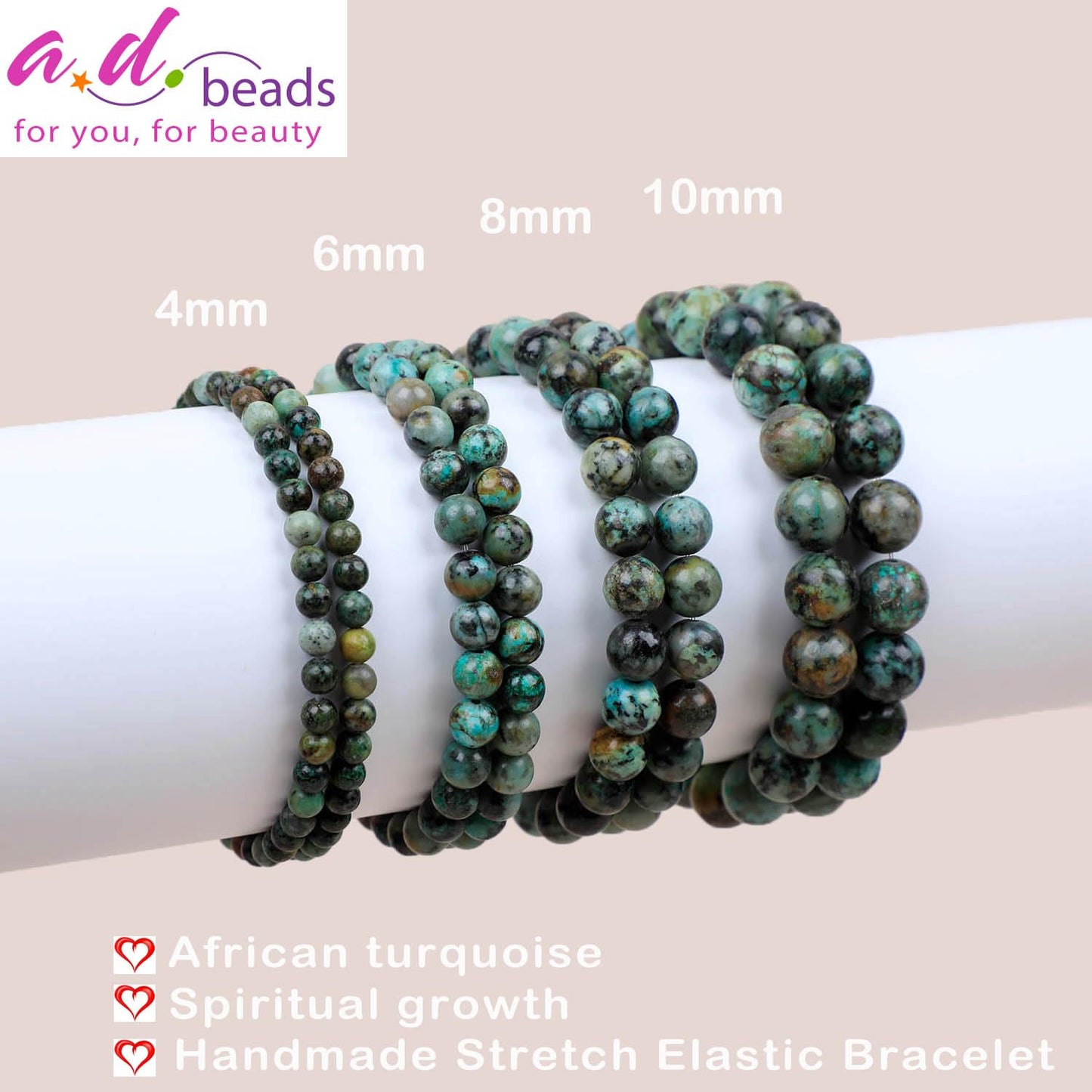 AD Beads Handmade Gemstone Stretch Elastic Bracelet Crystal Healing Reiki Nature's Beauty and Spiritual Essence Unisex (4mm, African Turquoise (Spiritual Growth))