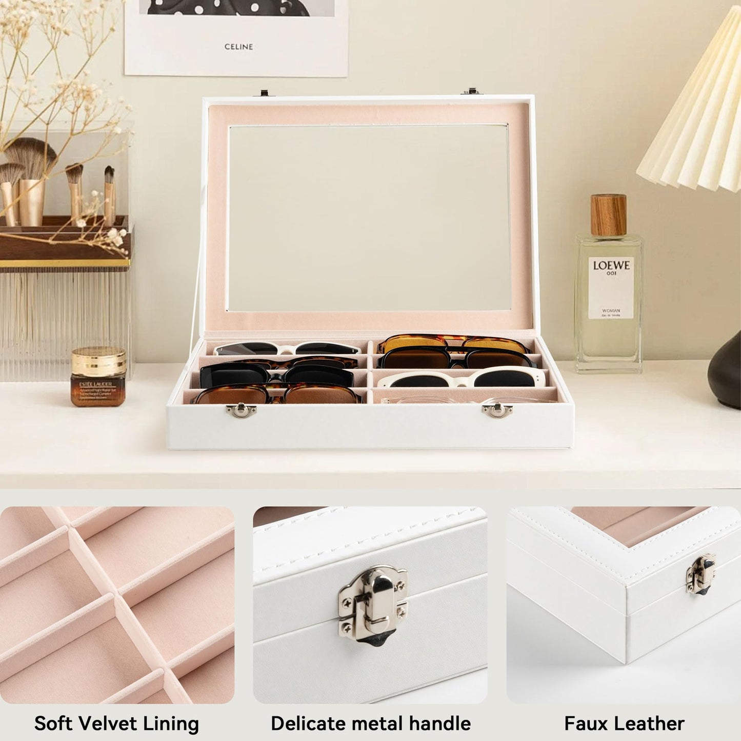Frebeauty Sunglass Organizer,PU Leather Glasses Organizer,8-Slot Sunglasses Tray with Clear Lid,Men's/Women's Sunglasses Box,Sunglass Case,13.3x9.65x2.48 Inches,Eyeglass/Eyewear Display Tray(White)