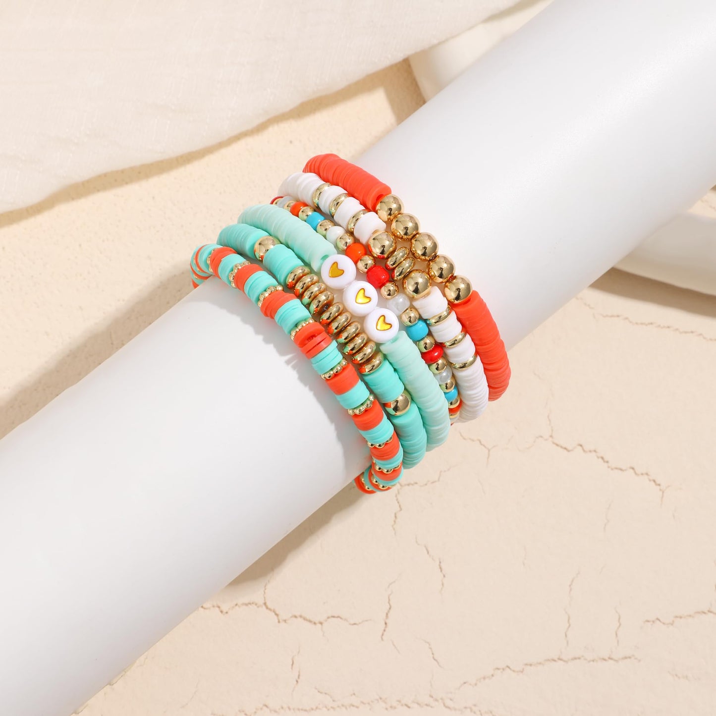 RISHEGAE Heishi Beaded Stretch Bracelets for Women Stackable Polymer Clay Beads Bracelets Friendship Boho Summer Beach Bracelet Jewelry Set (D-A orange 6pcs)