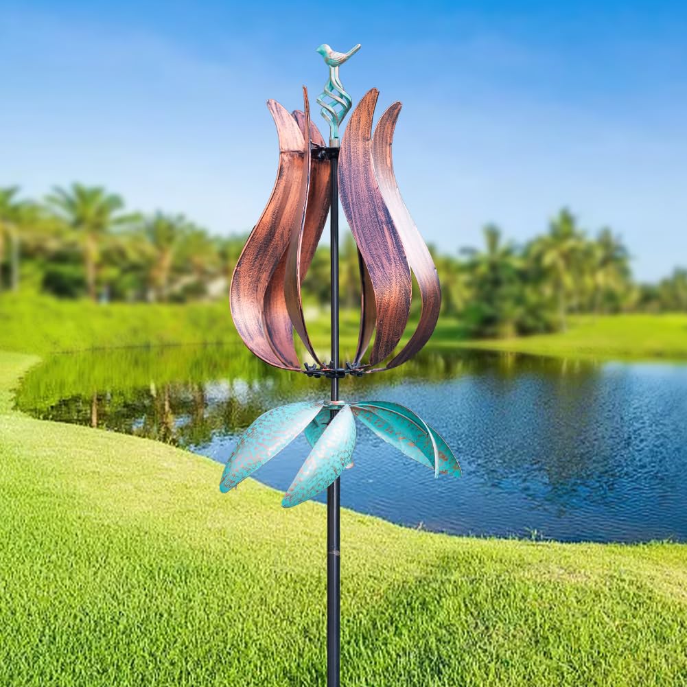 Stargarden Outdoor Wind Spinners, 13.7" Dia Metal Kinetic Wind Sculptures,Metal Yard Art Garden Decor(Brown Green)