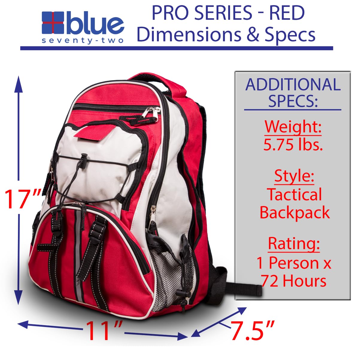 Blue Seventy-Two - Pro Series - Red Deluxe 72 Hour Emergency Backpack Survival Kit for 1 Person | Survival Kits for Emergencies (Includes Water Tablets)
