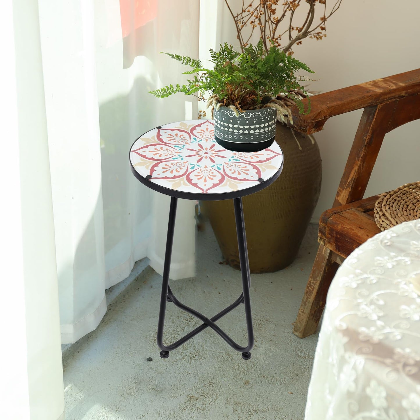 VCUTEKA Patio Side Table Outdoor Accent Table Bistro Coffee Table Plant End Table Small Porch Table Indoor Round Glass Balcony Plant Table Stands Khaki Flower 12 inches