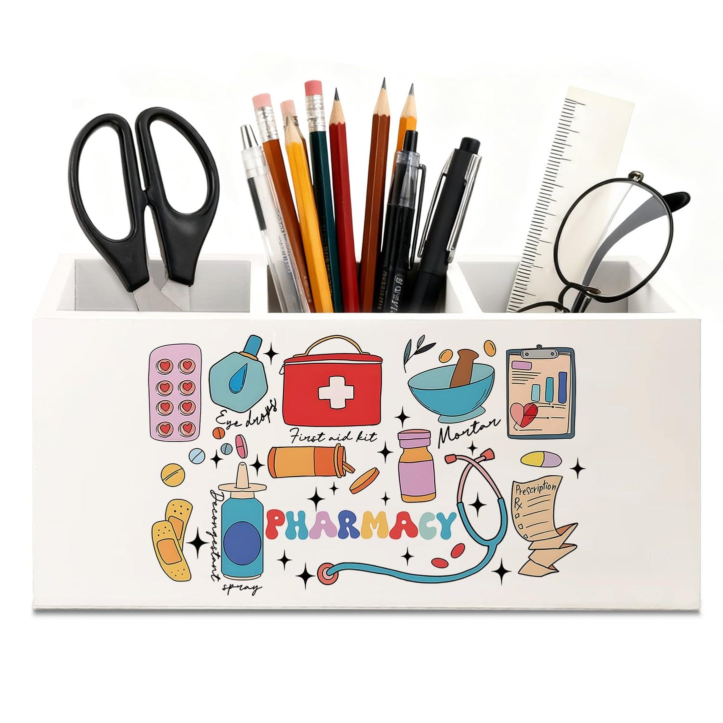 KBRCT Pharmacy Nurse Gifts Pen Holder for Desk, Pharmacy Technician Gifts Wooden Box Sign Desk Decor for Office Home Decoration, Pharmacist Gift Pencil Organizer
