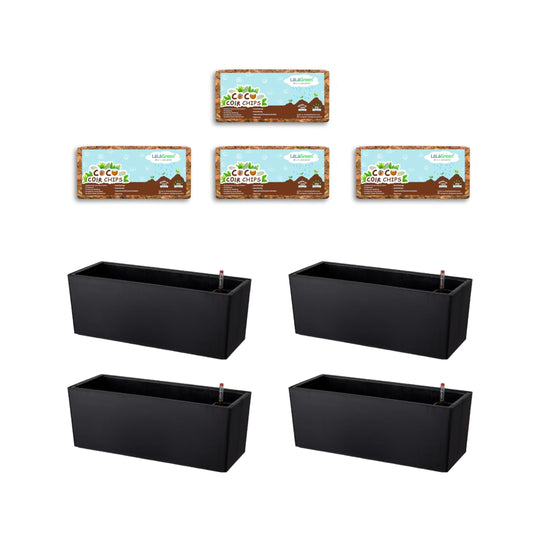 LaLaGreen Bundle- 4 Pack, 500g Coco Coir Chips + 4 Pack, 20 Inch Self Watering Plastic Pot with Bracket Hanging Balcony Plant Box Outdoor Planting Soil Compressed Fiber Husk Vegetable Seedling Garden