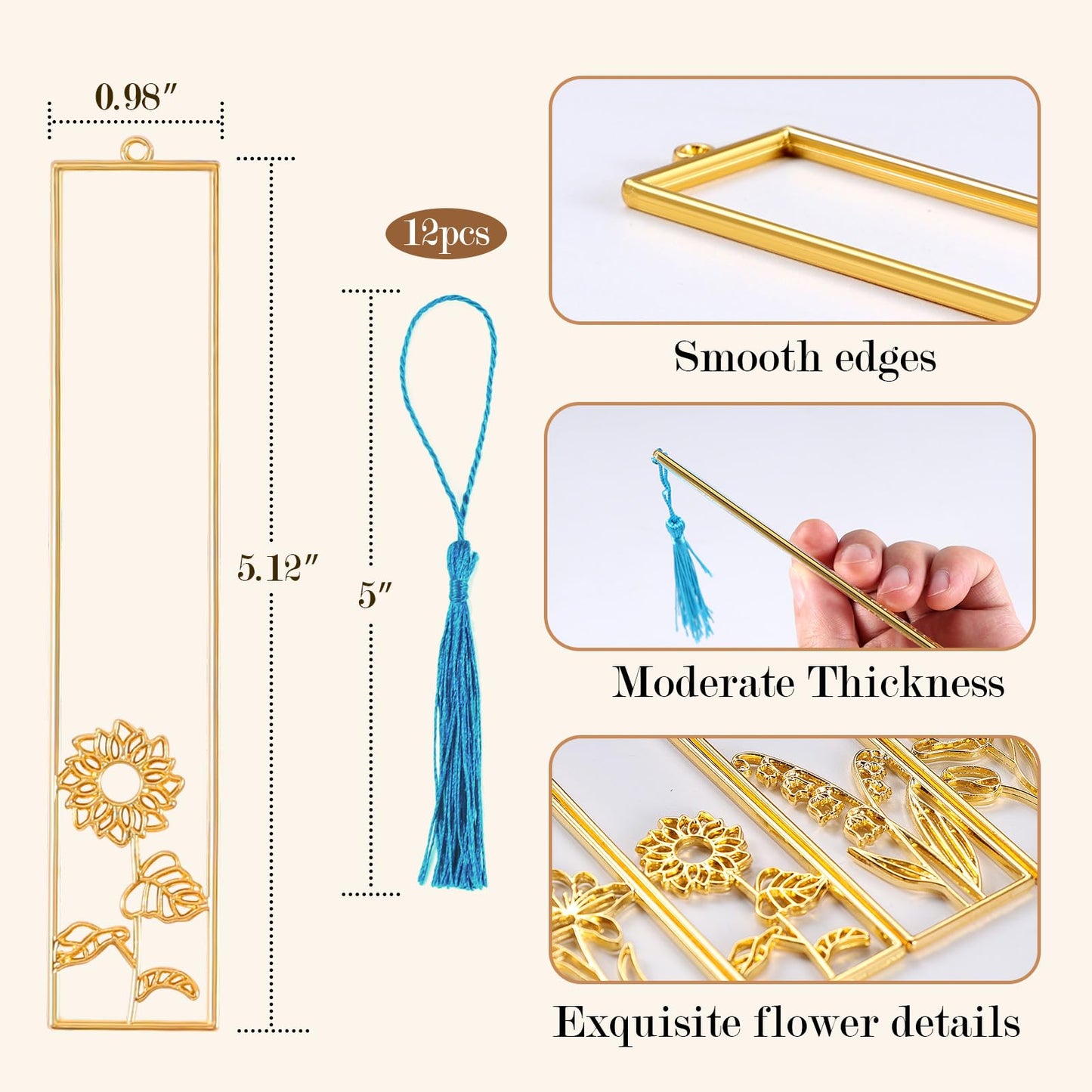 LET'S RESIN 12pcs Bookmark Bezels for Resin with Tassels, UV Resin Molds for DIY Bookmarks, Metal Bookmark Bezels Bulk for Craft Supplies & Wind Chime Accessories (Tape Not Included)