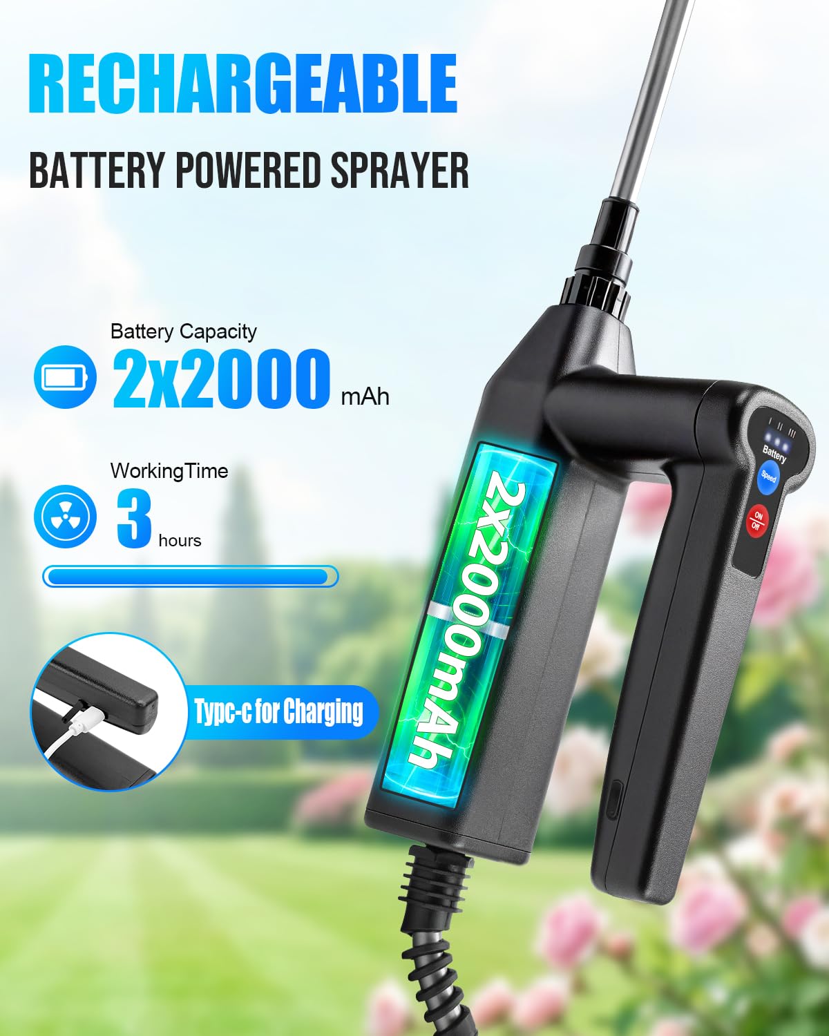 Sylsmart Battery Powered Sprayer 2 Gallon, Electric Weed Sprayer with 3 Adjustable Pressure Levels, 4 Nozzles & Extendable Wand, Rechargeable Garden Sprayer for Yard, Lawn, Plants & Fertilizer