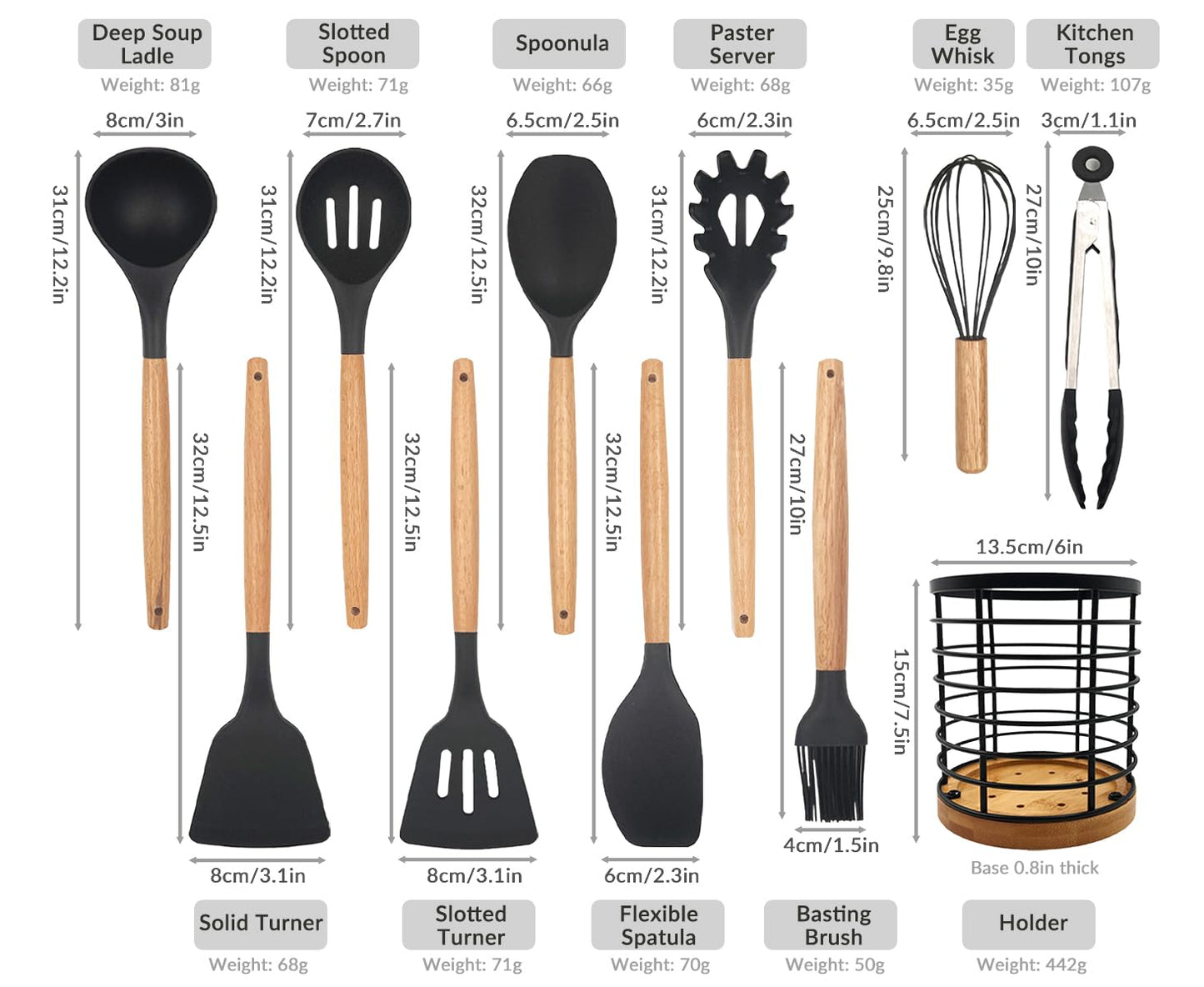 Daily Treasures 12PCS Kitchen Utensils Set,Cooking Utensils Set with Storage Holder,Kitchen Tools Made of Heat Resistant Food Grade Silicone and Wooden Handles for Nonstick Cookware