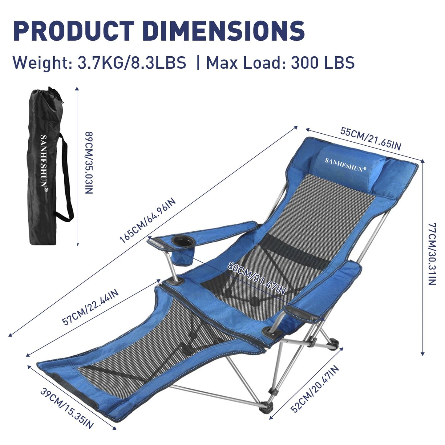 sanheshun Zero Gravity Chair, Reclining Camping Chair with Padded Pillow, Cup Holder, Storage Pocket & Carry Bag, 4-in-1 Portable Camping Recliner for Outdoor, Beach, Garden, and Backyard - Blue Mesh
