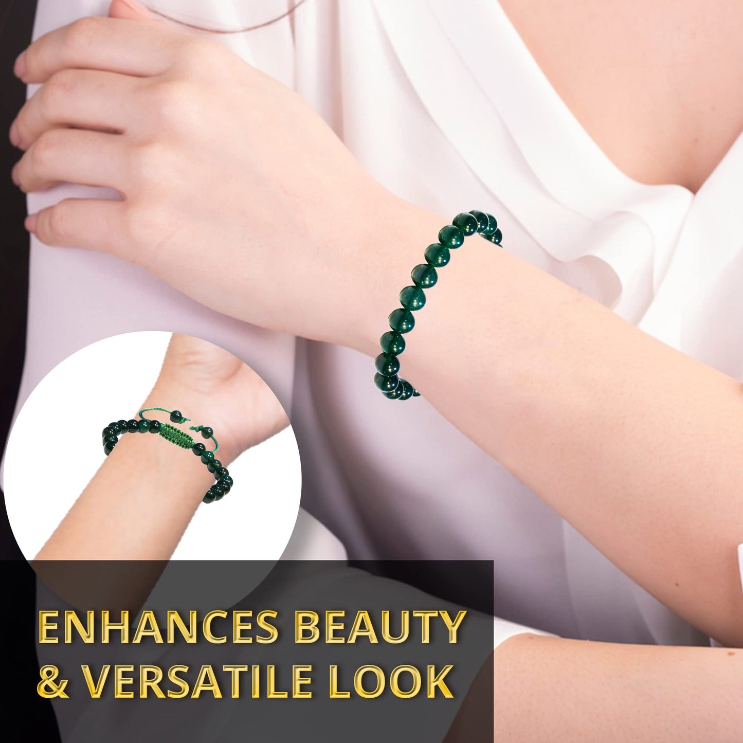 ANAYA AGATE Healing Crystal Bracelet – Chic Gemstone Bracelet for Men and Women – 8mm Round Bead Bracelets for Spiritual Healing, Protection, Positive Energy - Green Jade