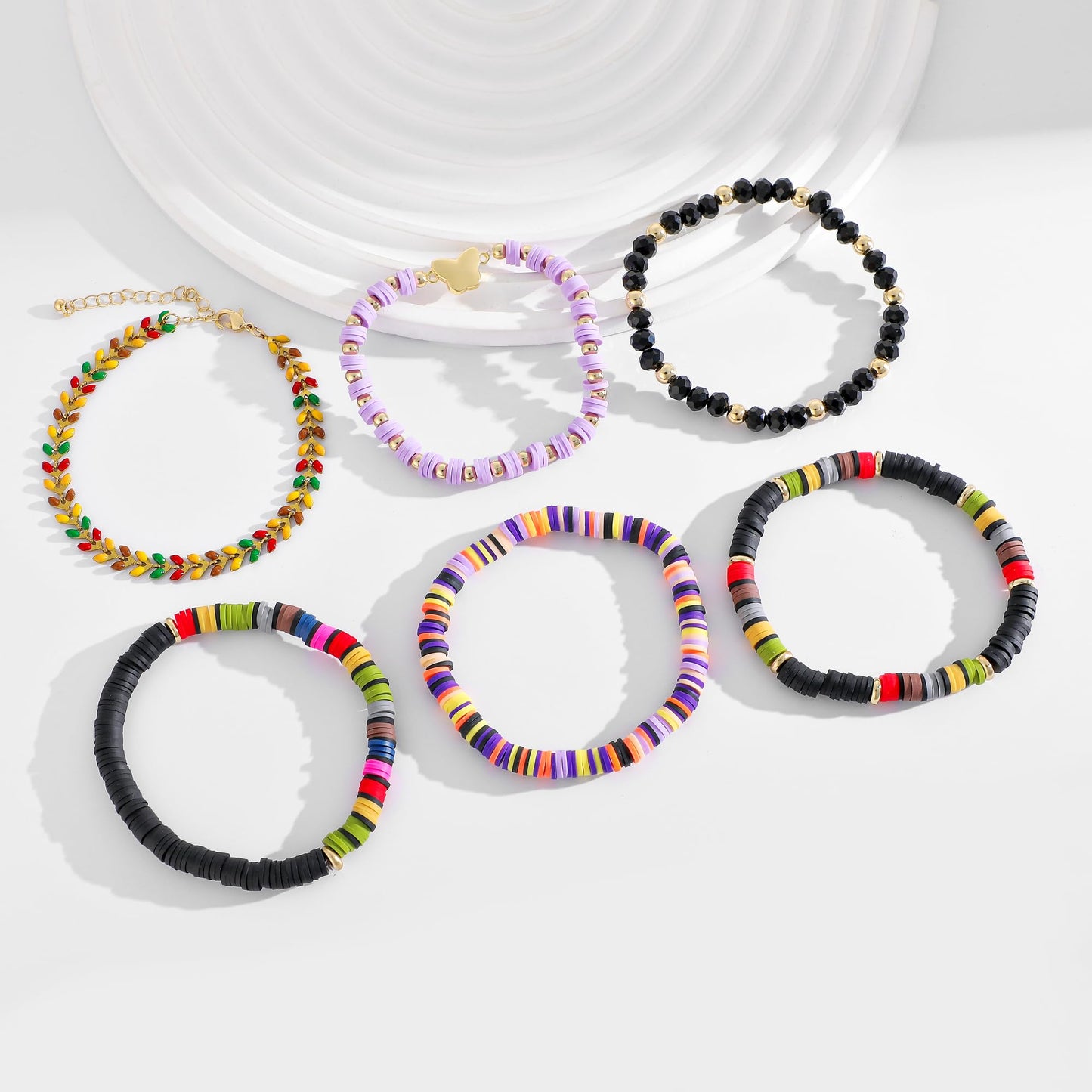 RISHEGAE Heishi Beaded Stretch Bracelets for Women Stackable Gold Polymer Clay Beads Bracelets Friendship Boho Summer Beach Bracelet Jewelry Set (A-Black Butterfly)