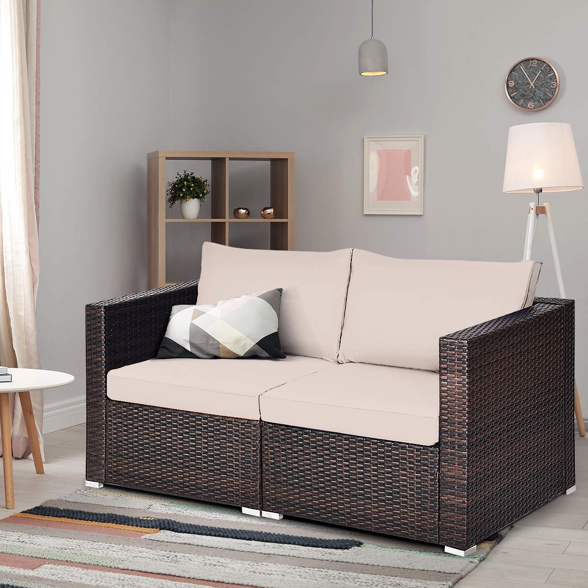 Tangkula Wicker Loveseat 2 Piece, Patio Furniture Couch with Removable Cushions, Rattan Loveseat Sofa for Balcony, Deck, Garden and Poolside