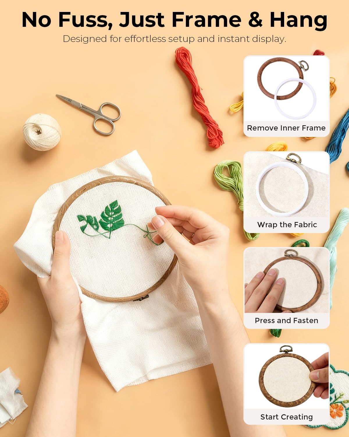 24 PCS 5Inch Round Embroidery Hoop Ring, Imitated Wood Cross Stitch Display Frame,Rubber Material Embroidery Hoop Kits for DIY Craft Sewing Hanging Gifts Christmas Halloween Ornament