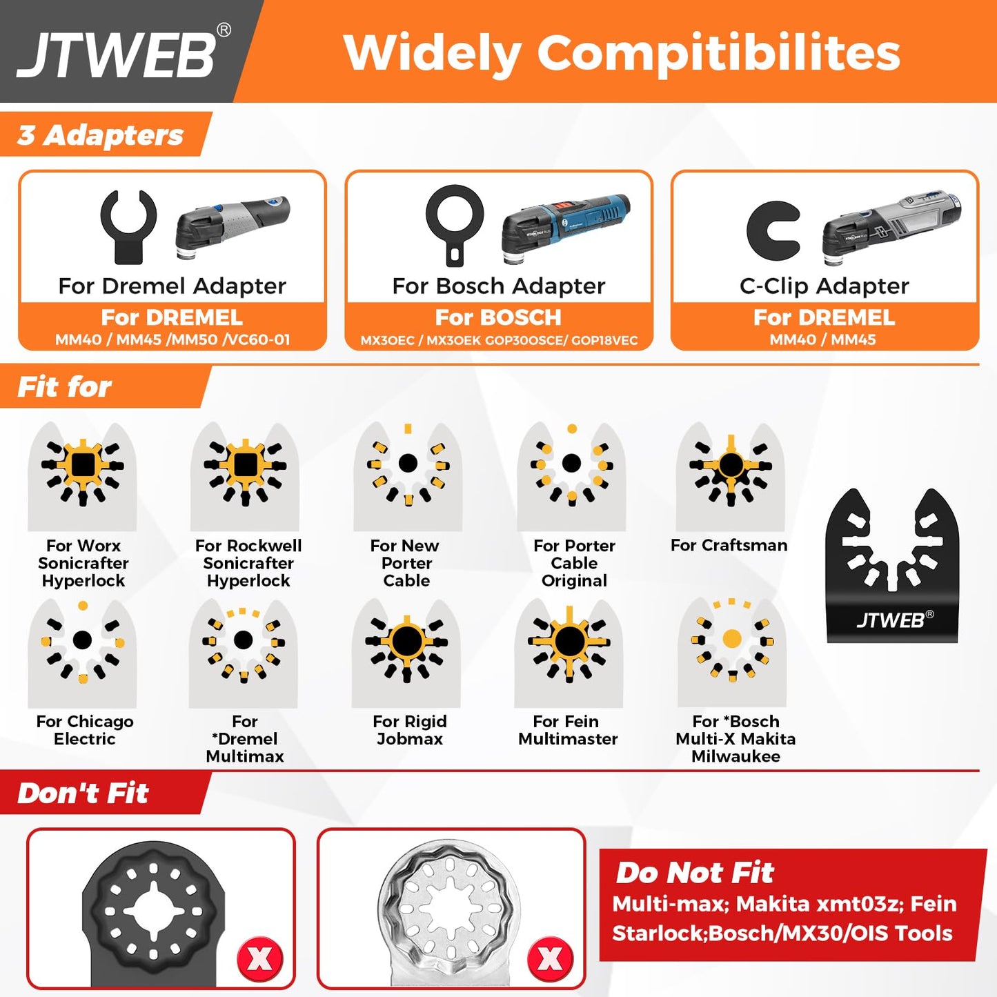 JTWEB Extra Long Oscillating Saw Blades - 30PCS Arc-Shaped Edge Bi-Metal Multitool Blades Precise Cut for Wood with Nails, Metal, Universal Quick Release Power Oscillating Tool Blades Kits