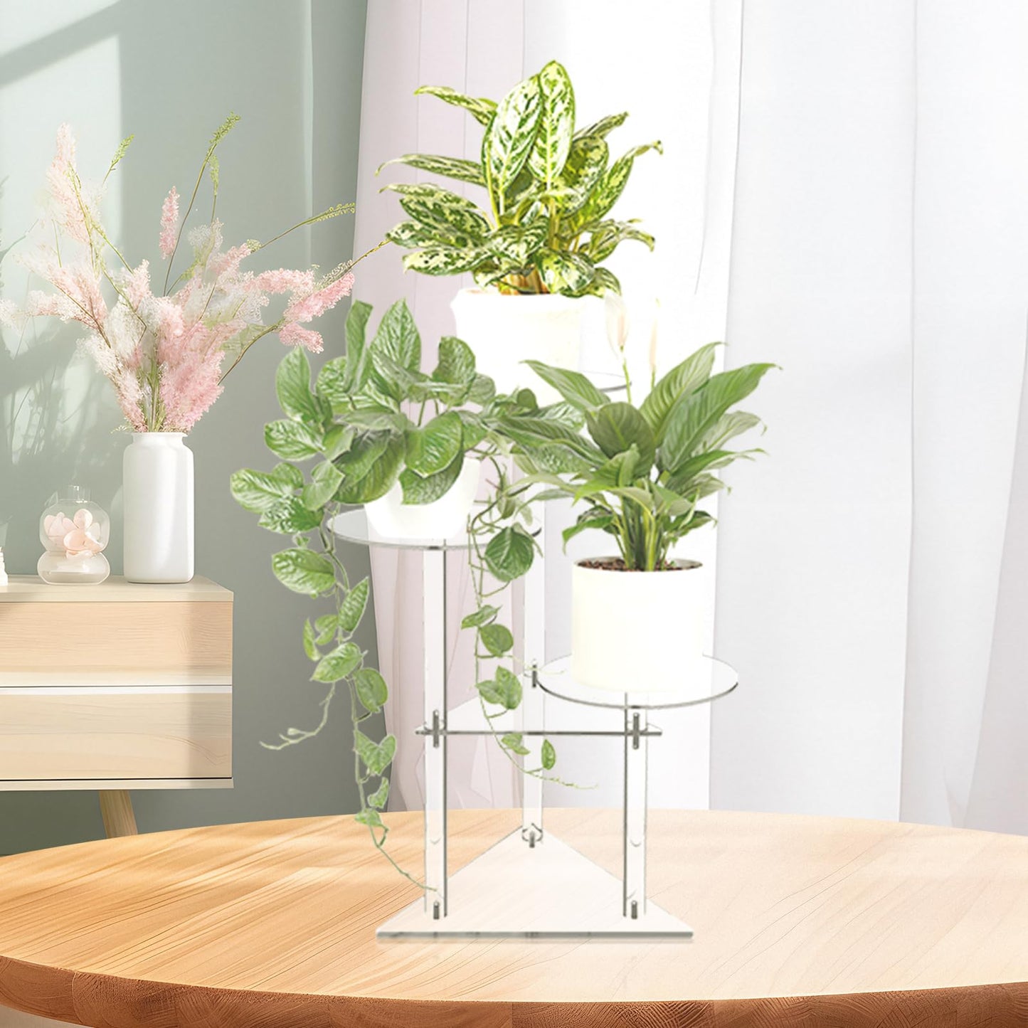 Jusalpha Clear Acrylic Corner Plant Stand, 3-Tier, Indoor Display Shelf for Plants and Flowers, 11 Pounds Load Capacity