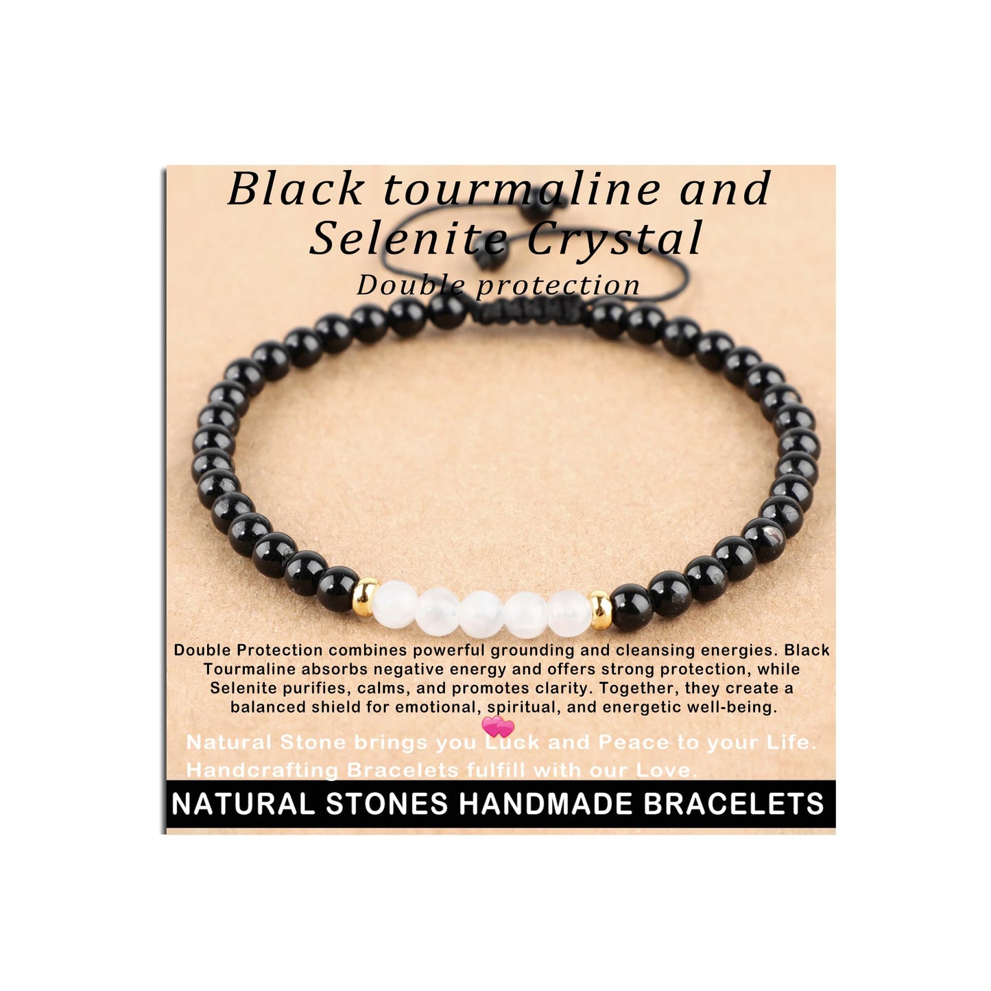AD Beads 4mm Black tourmaline + Selenite Crystal - Double protection - Handmade Natural Stone Crystal Bracelet with Adjustable Macrame String - Yoga Healing Power Energy Gifts for Men and Women