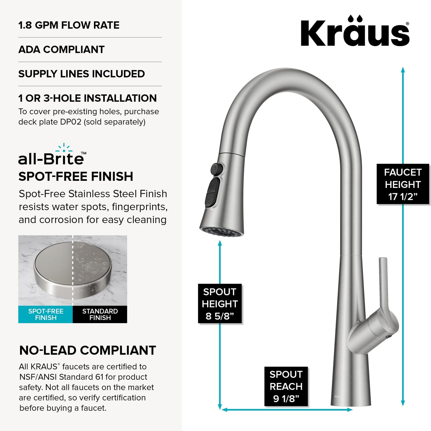 KRAUS Odelia 4-Function Single Handle Pull Down Kitchen Faucet in Spot-Free Stainless Steel with CleanSweep Blade Spray, KPF-3220SFS