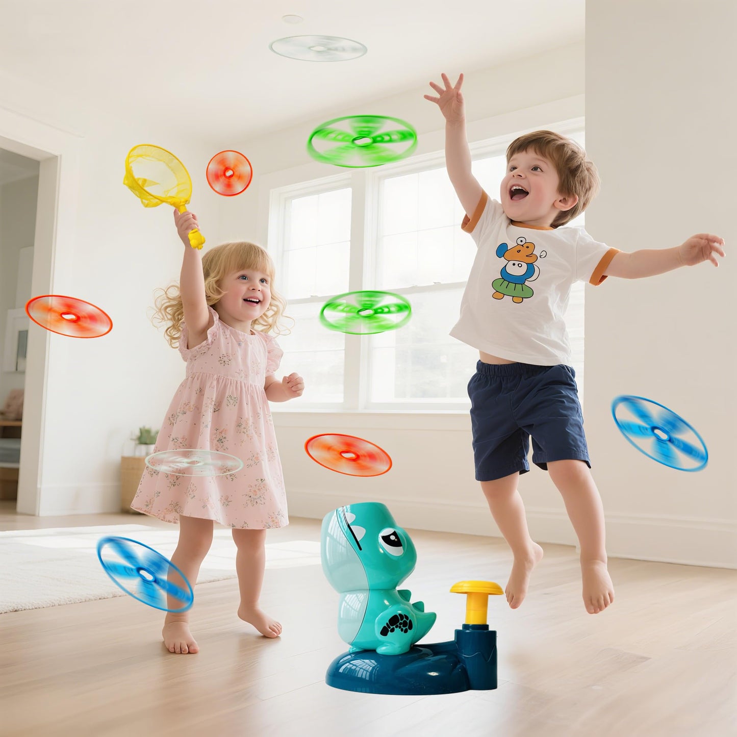 Dinosaur Flying Disc Launcher Toy – Kids Outdoor Toys for Boys & Girls Ages 3-8, Fun Press & Launch Game with 8 Discs & Catch Net, Active Yard Toys & Outside Play Toys