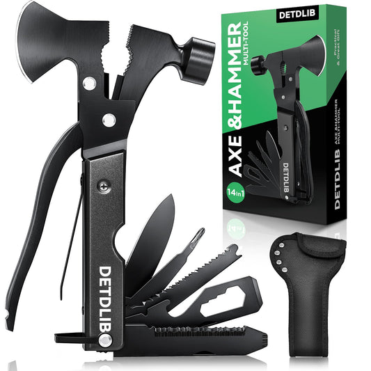 DETDLIB 15-in-1 Multitool Axe Hatchet, Birthday Gifts for Men, Essential for Camping, Hiking, Cool Gadget, Gifts for Men. Women, Dad, Him, Husband, Father, Mechanic, Boyfriend, Black