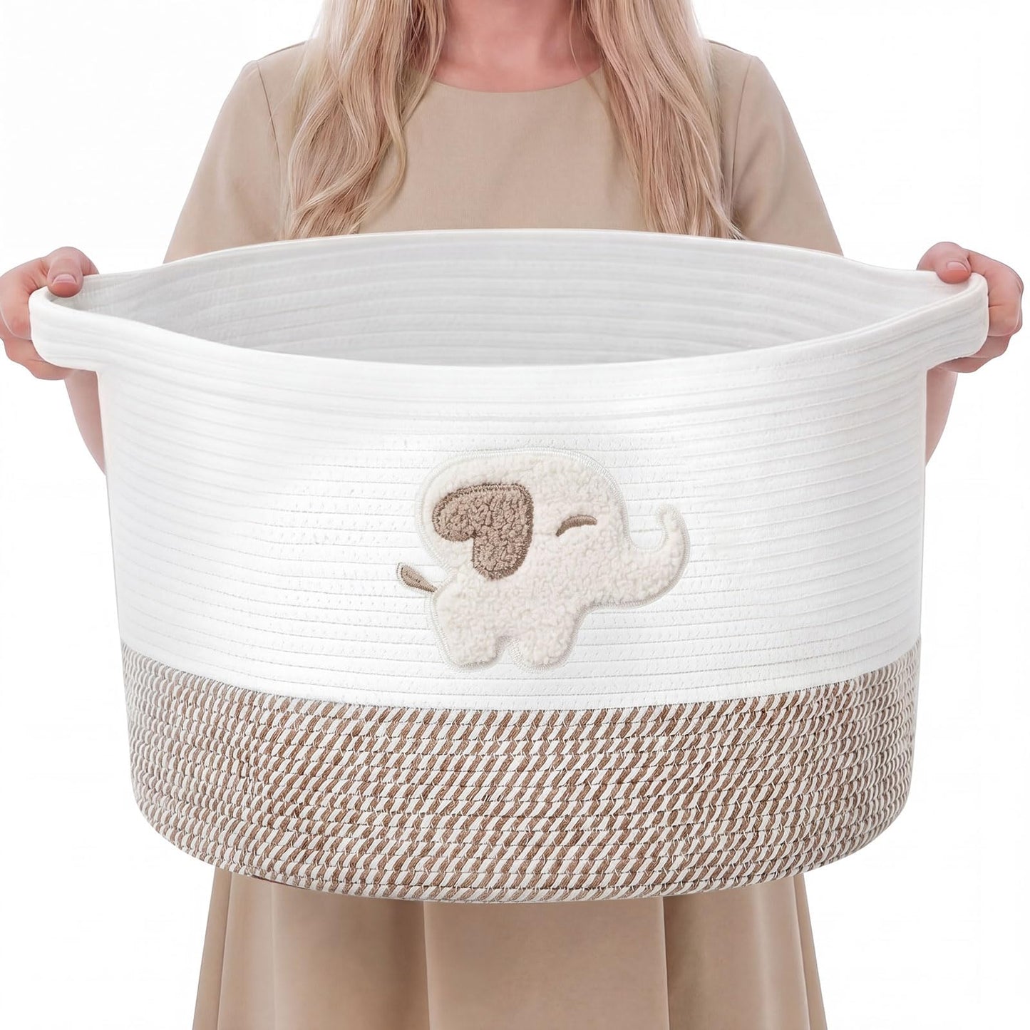 LemonRoad Extra Large Basket 20"x14", Woven Baby Laundry Blanket Basket Toy Box with Handle Storage, Blanket Storage for Living Room Nursery Pillows Chest(Cotton Rope,Elephant,Brown)